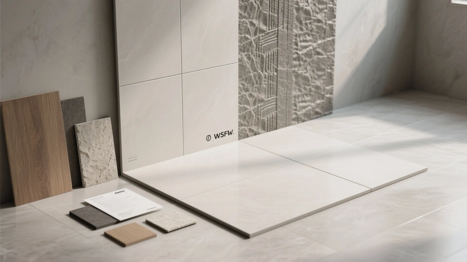Large-format porcelain tile samples laid out to show minimal grout lines and textures.