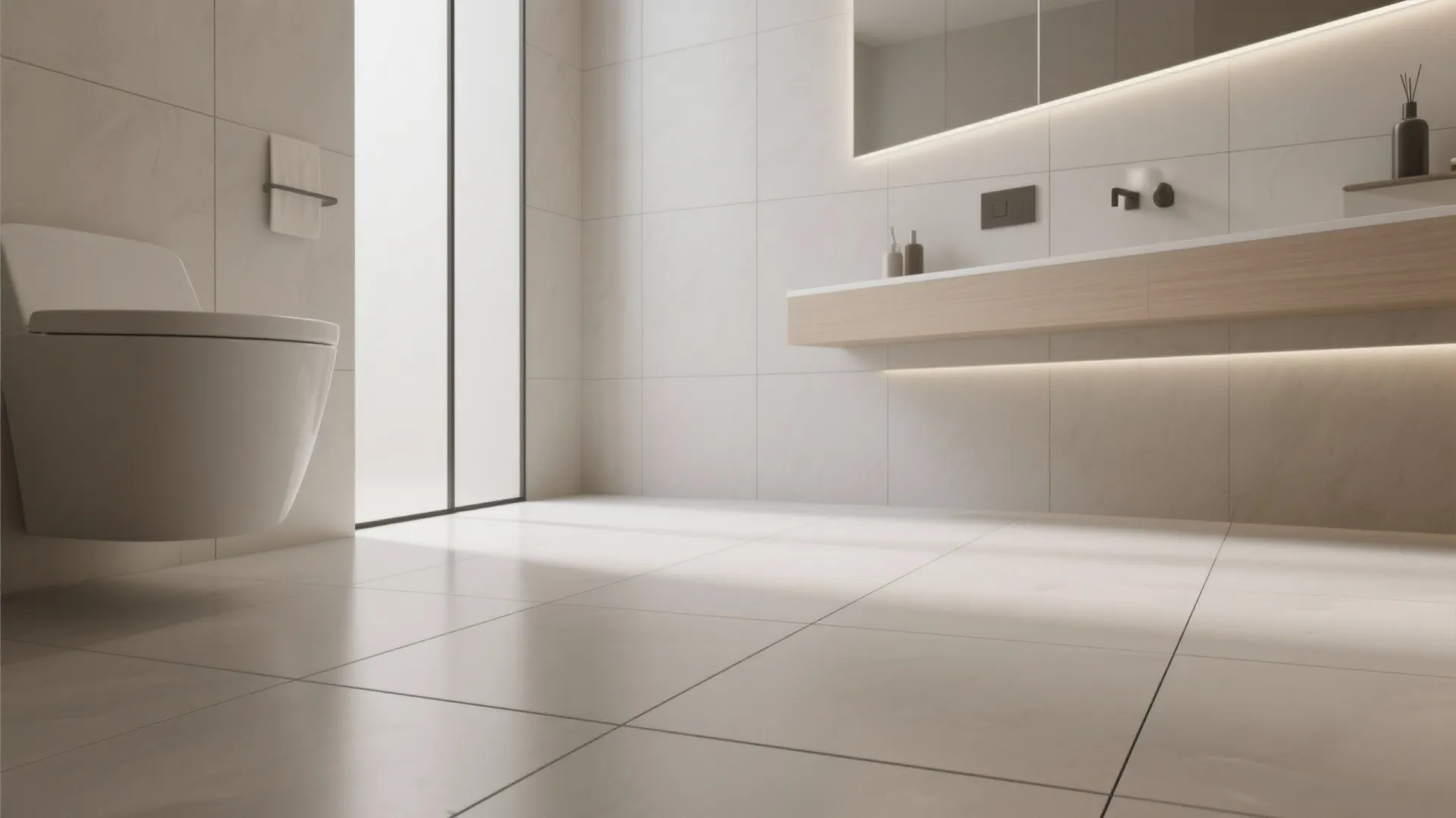 Large floor tiles in modern bathroom with floating wooden cabinet white toilet and wall mirror