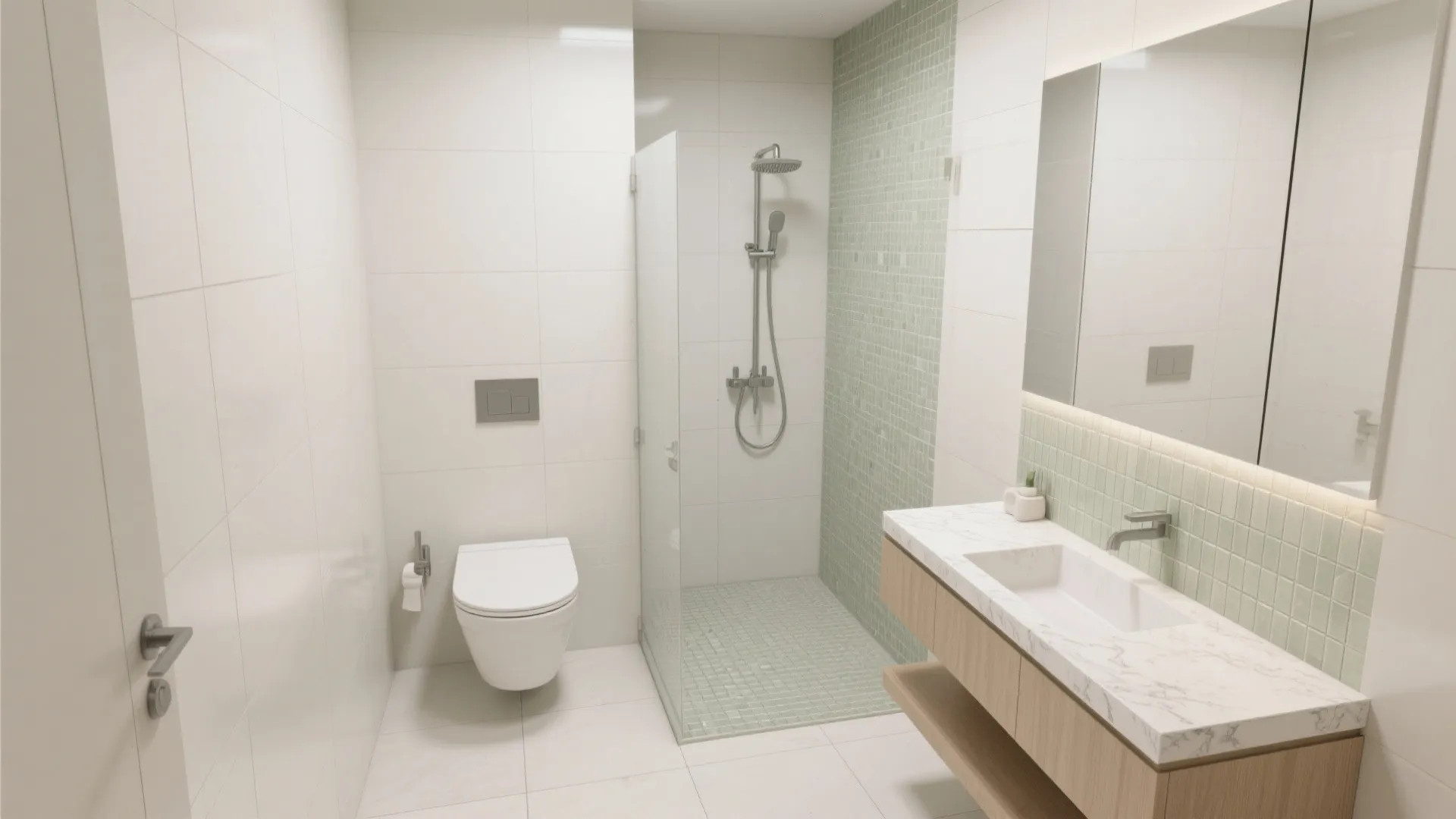 Modern white bathroom with green wall tiles glass shower door white toilet and marble sink