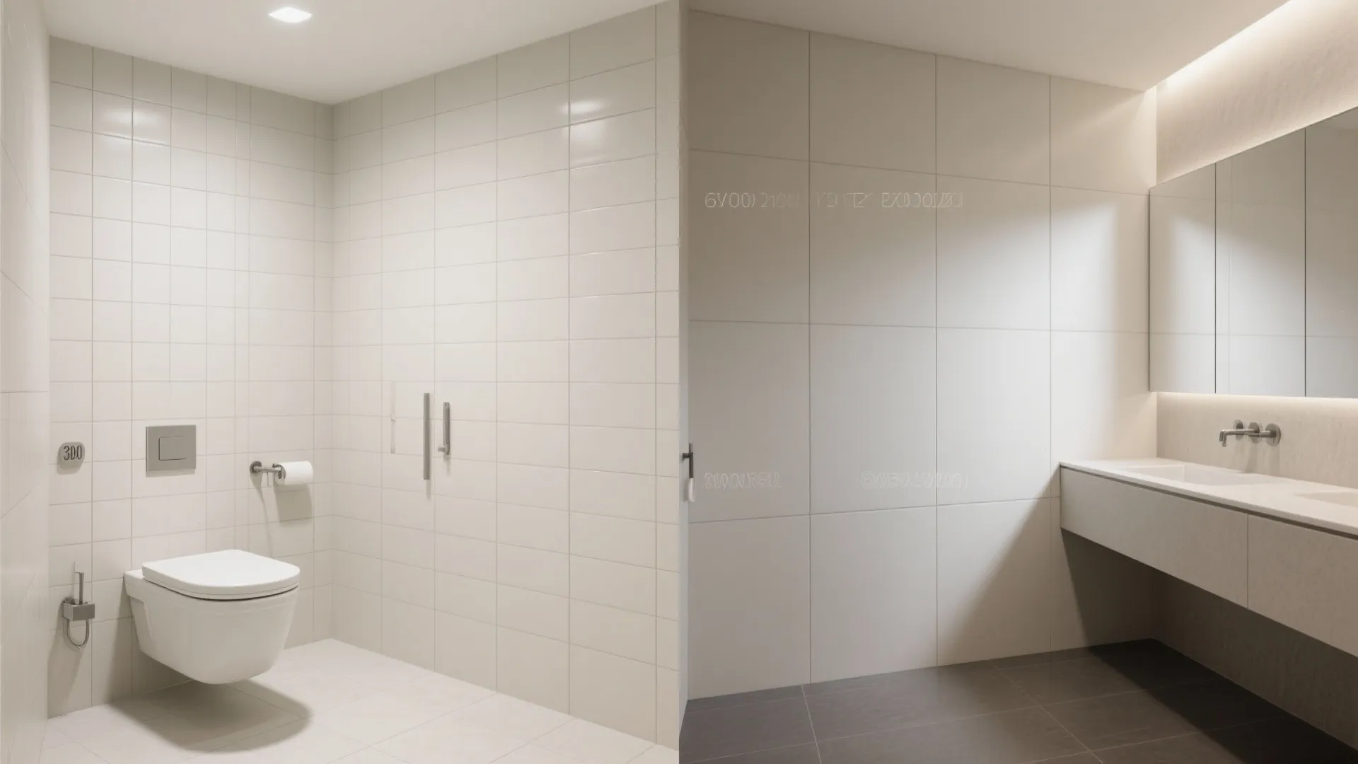 Comparison of small vs large-format bathroom tiles to reduce grout lines.