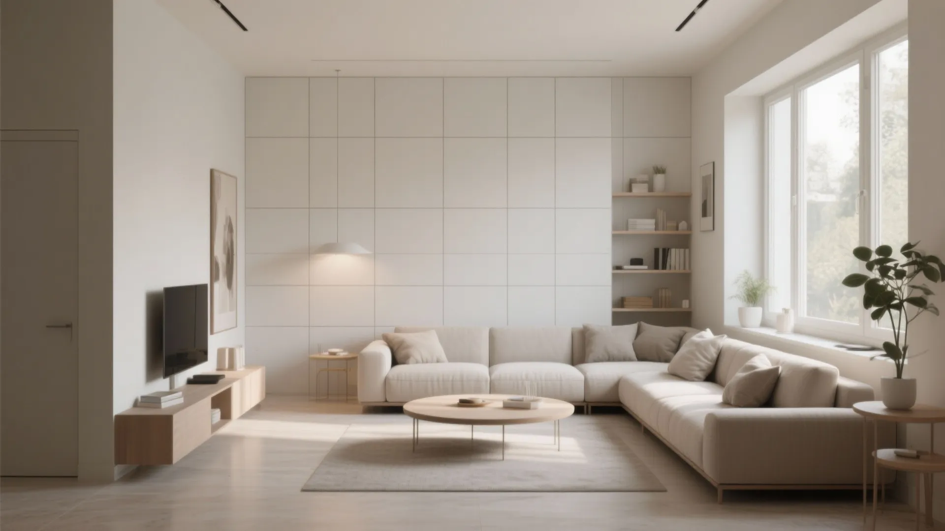Modern bright living room with large white wall panel cream sofa round coffee table and rug