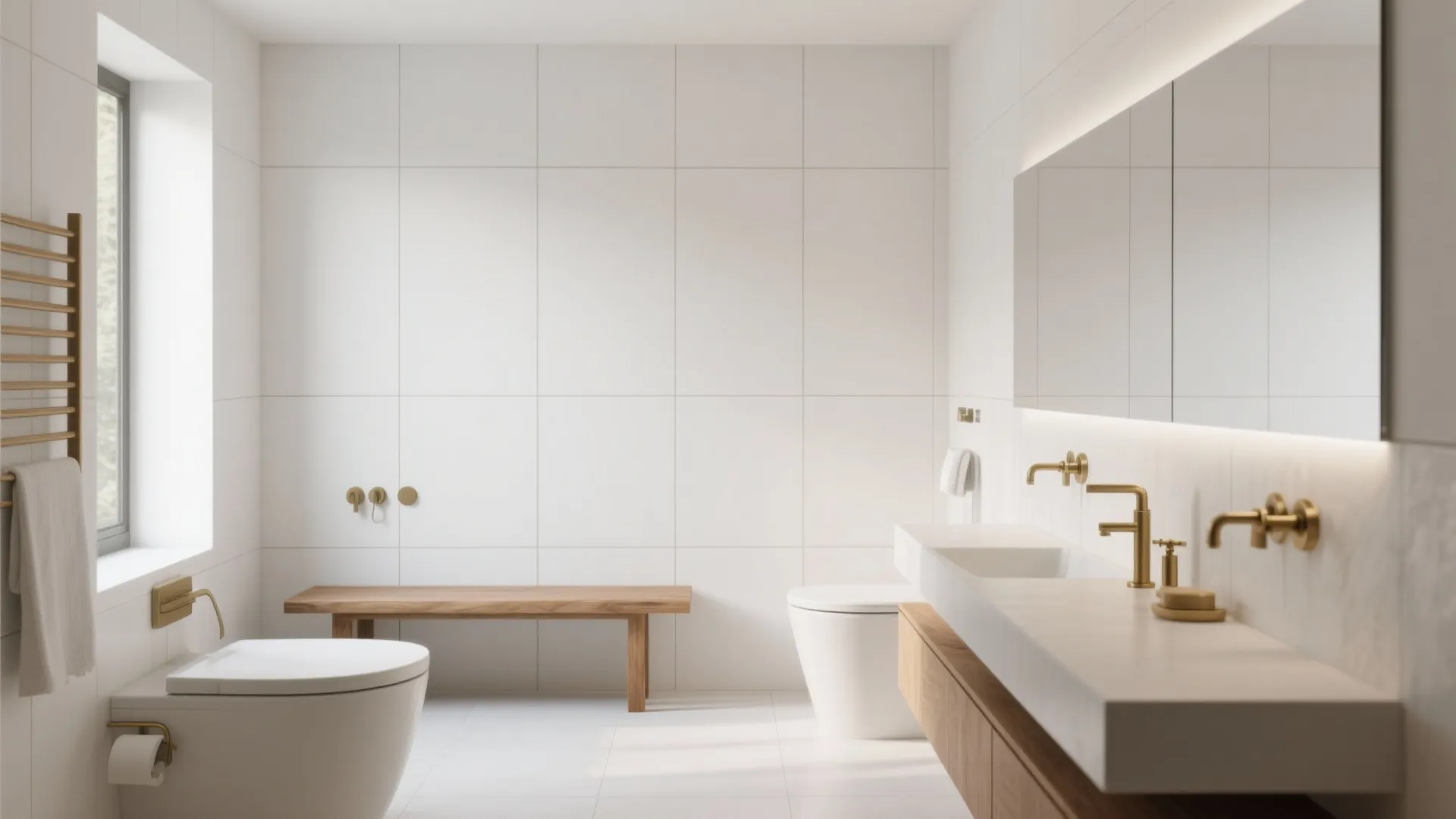 Modern white bathroom with large wall tiles wooden bench toilet double sinks and gold taps
