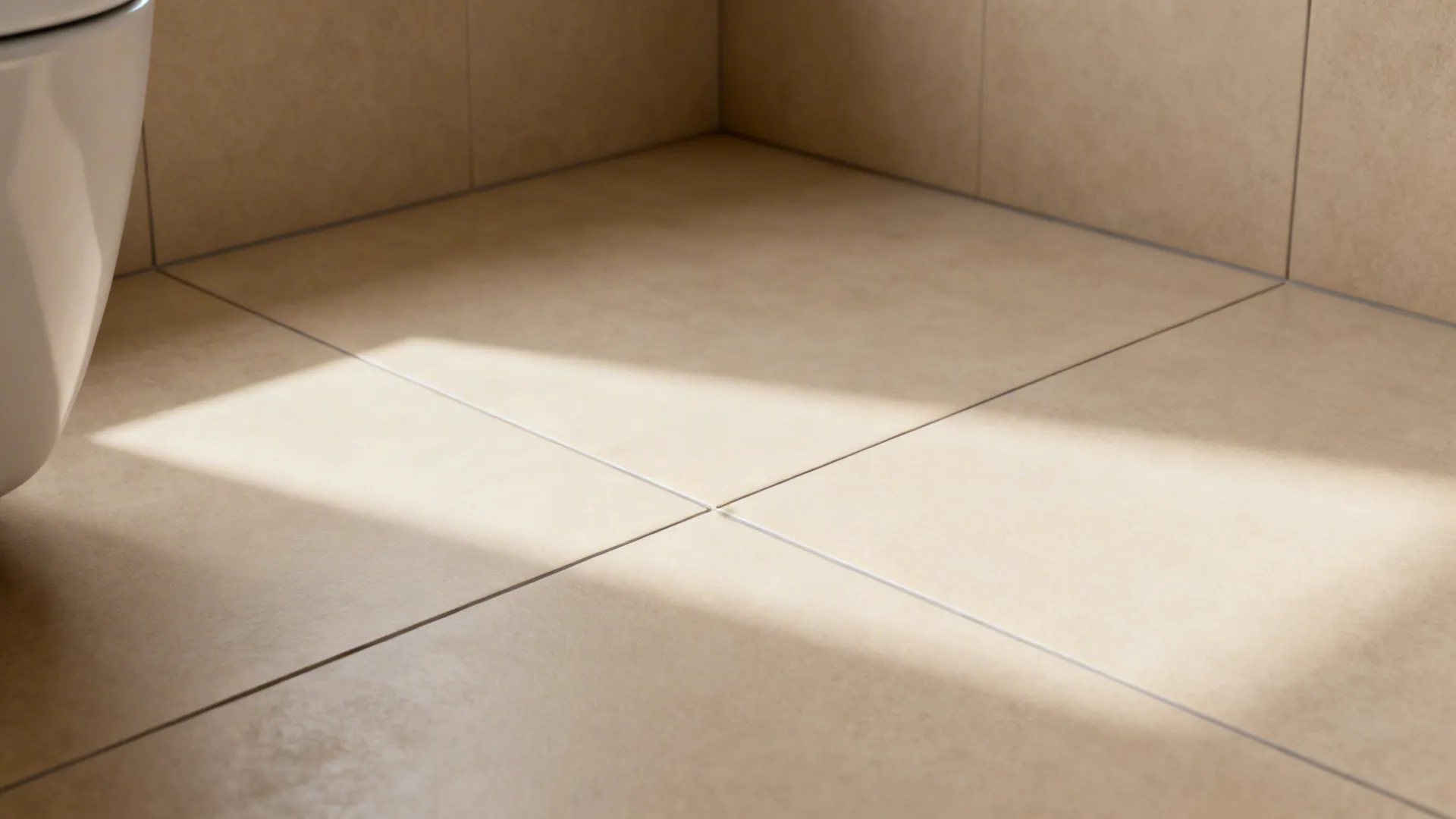 Close-up of large-format neutral porcelain tiles with minimal grout lines in a small bathroom.