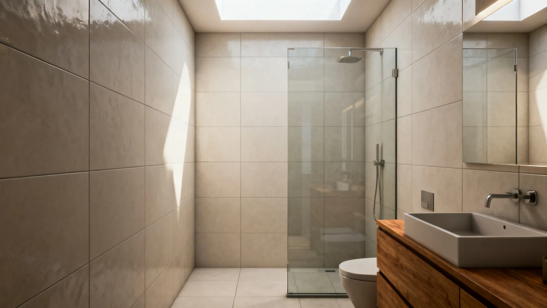 Small bathroom with continuous large-format rectified wall tiles and minimal grout lines.