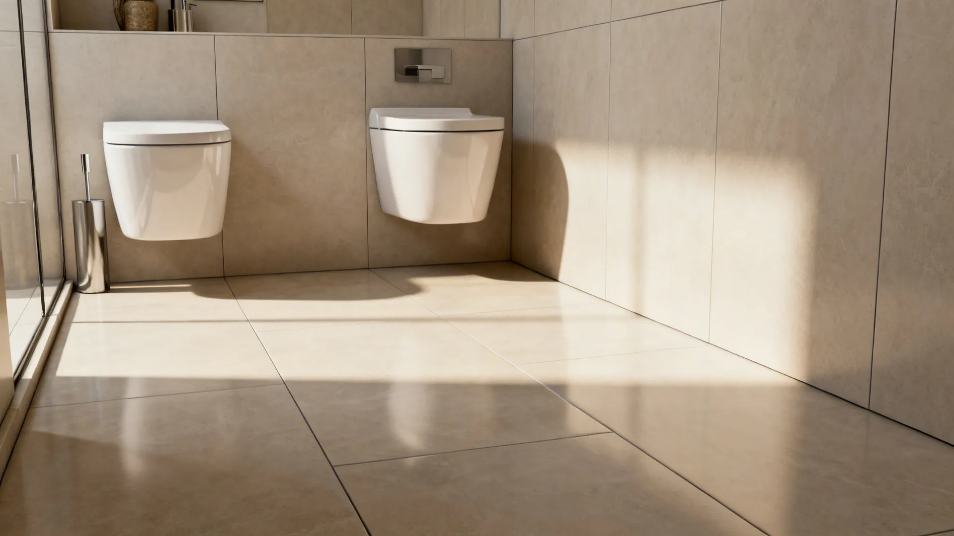 Small bathroom showing continuous large-format 60x120cm porcelain tiles with minimal grout lines.