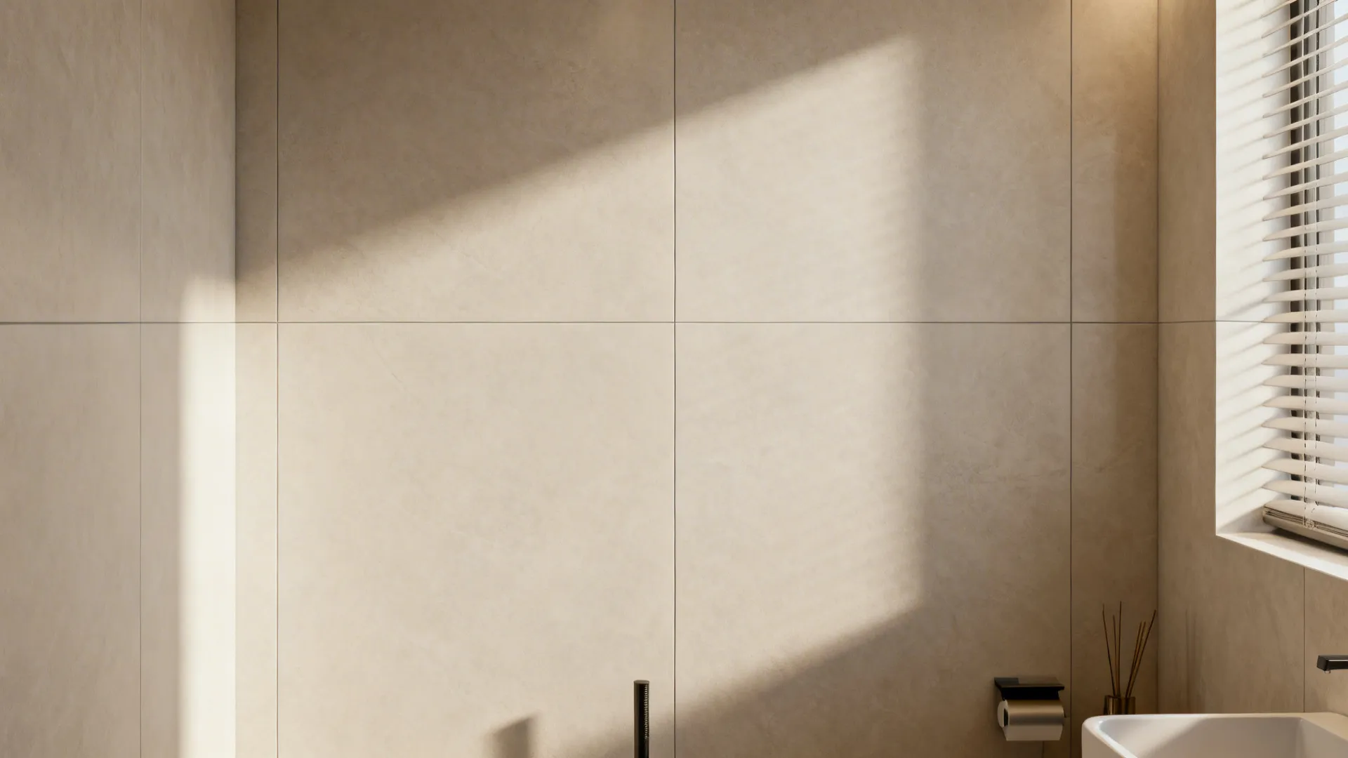 Small bathroom wall clad in large-format porcelain slabs with minimal grout lines.