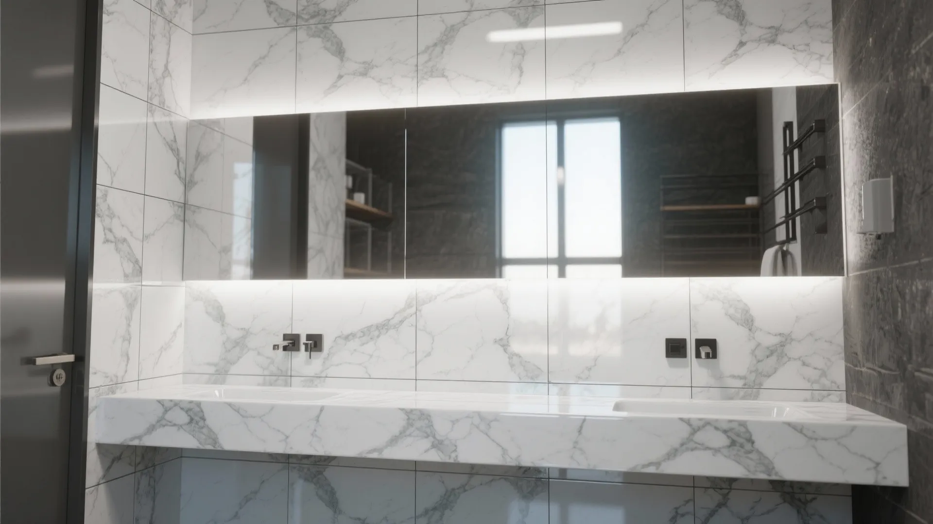 Modern bathroom featuring white marble wall tiles large mirror with built in light and double sink