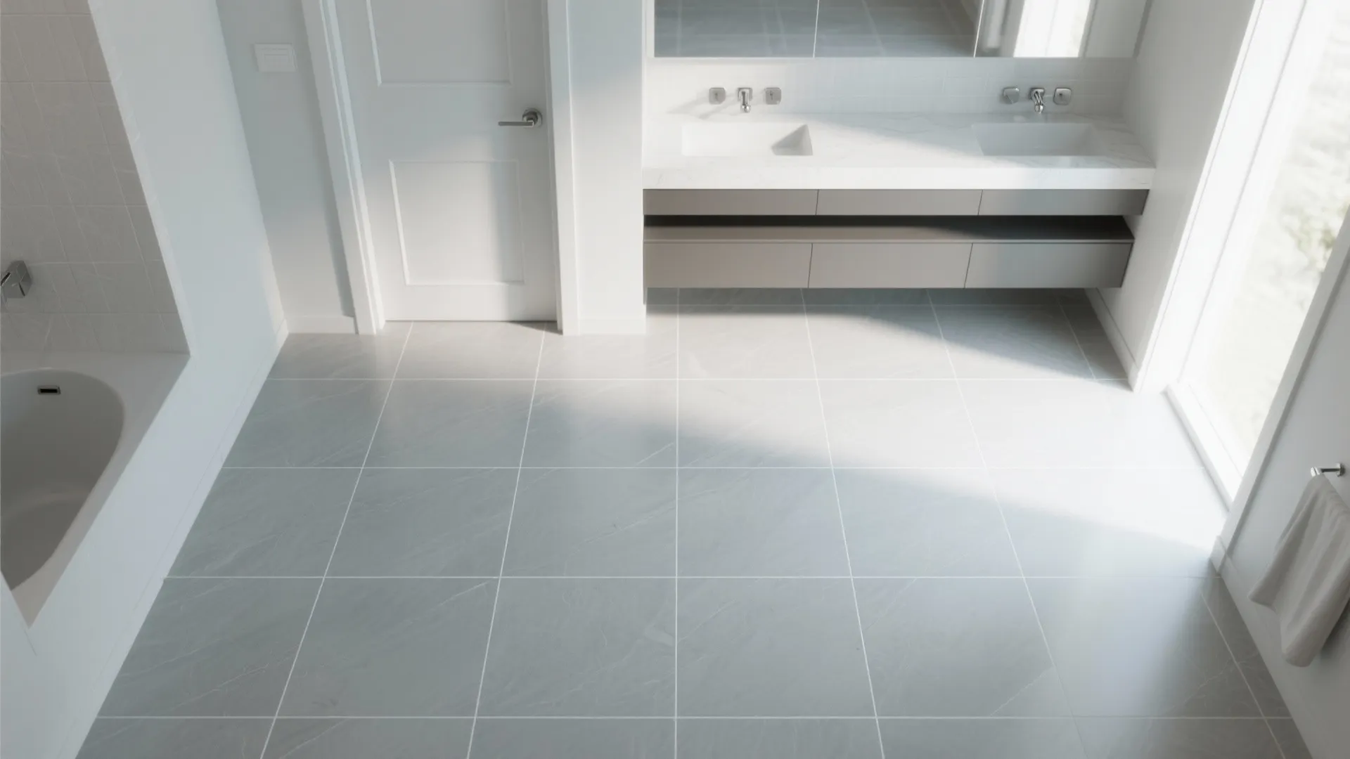 Modern bathroom featuring grey floor tiles white bathtub double sink cabinet and bright natural sunlight