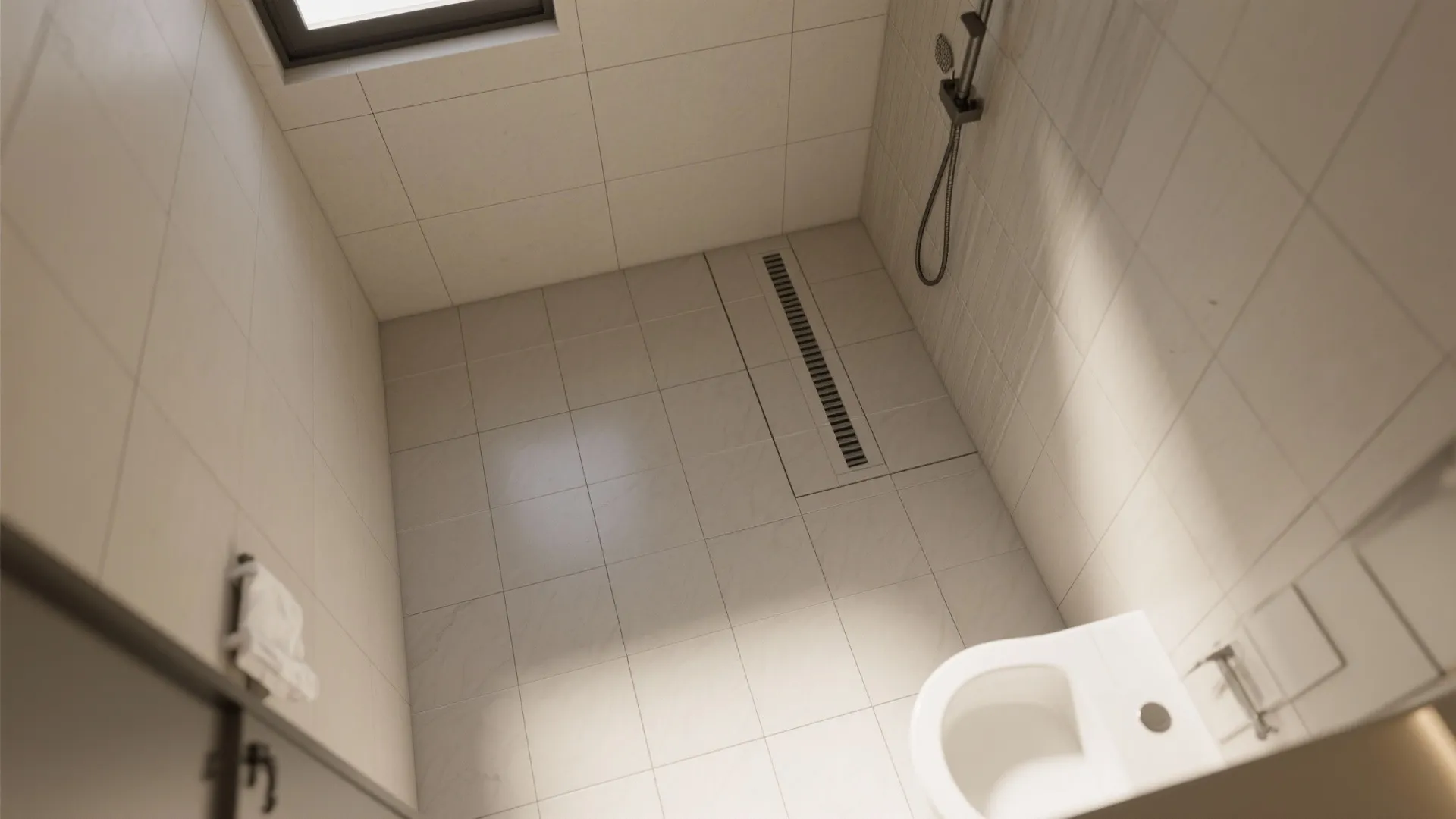 Large-format porcelain for compact baths