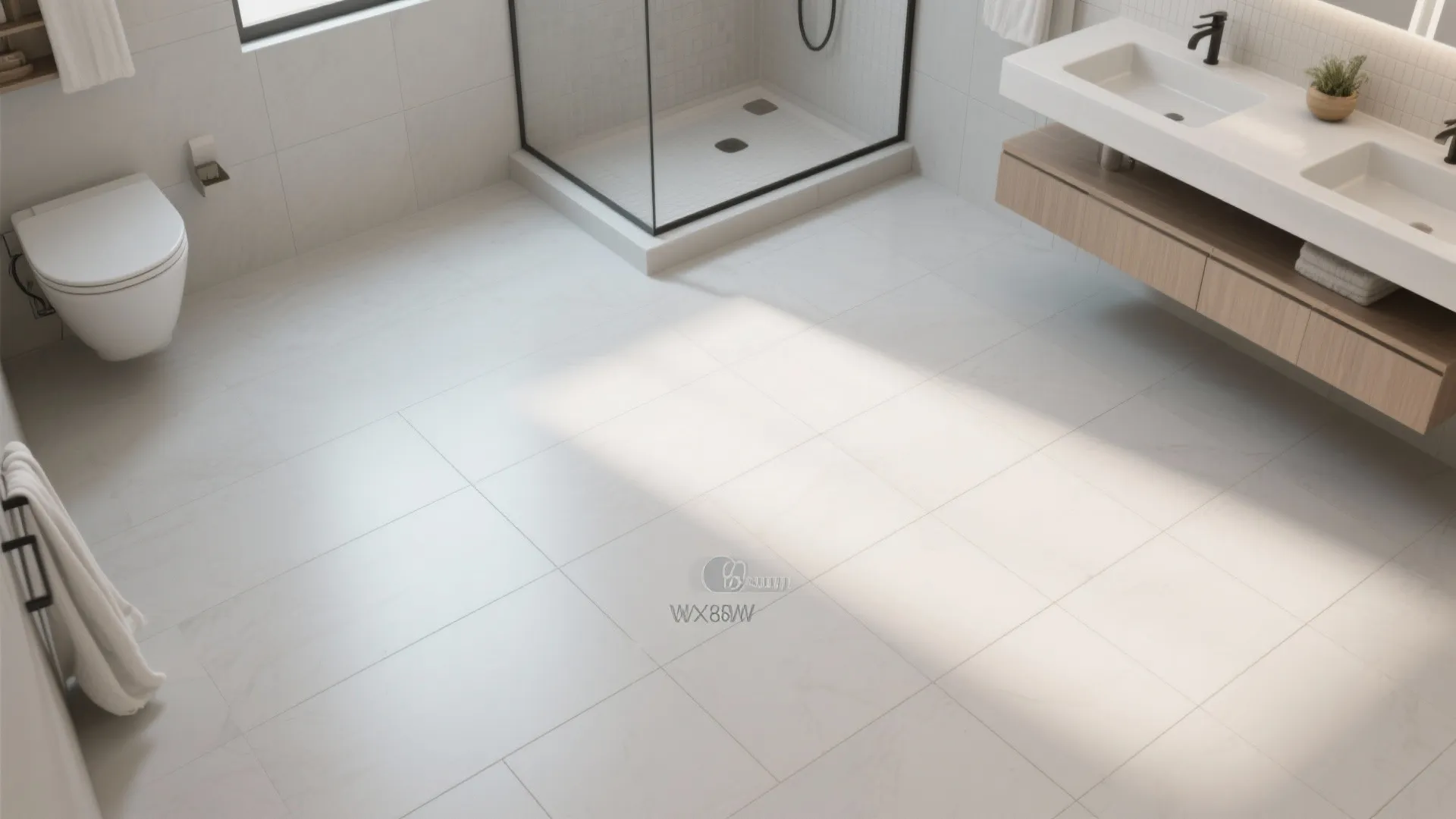 Top-down plan showing large-format bathroom tiles with fewer grout joints