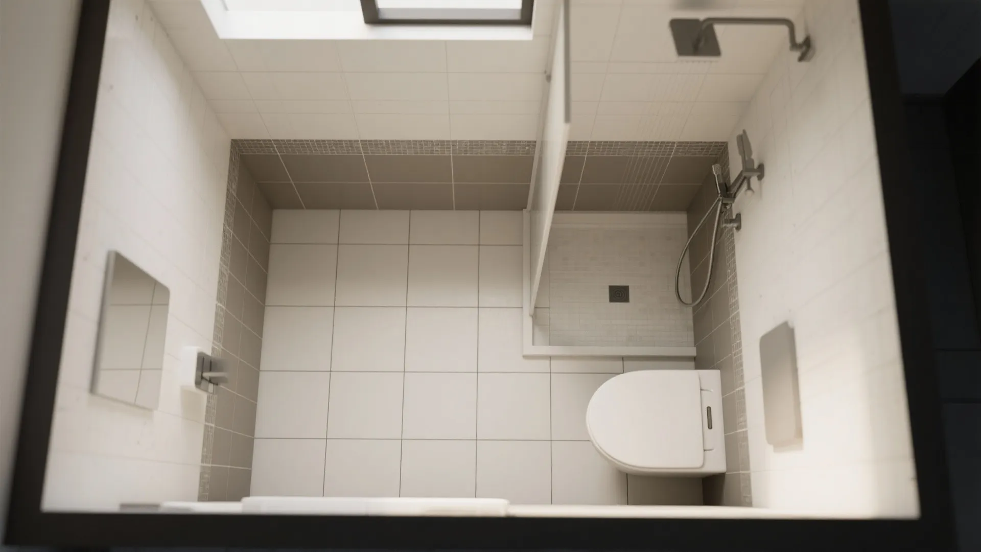 Top down interior design drawing of small bathroom with white tiles, shower, and white toilet