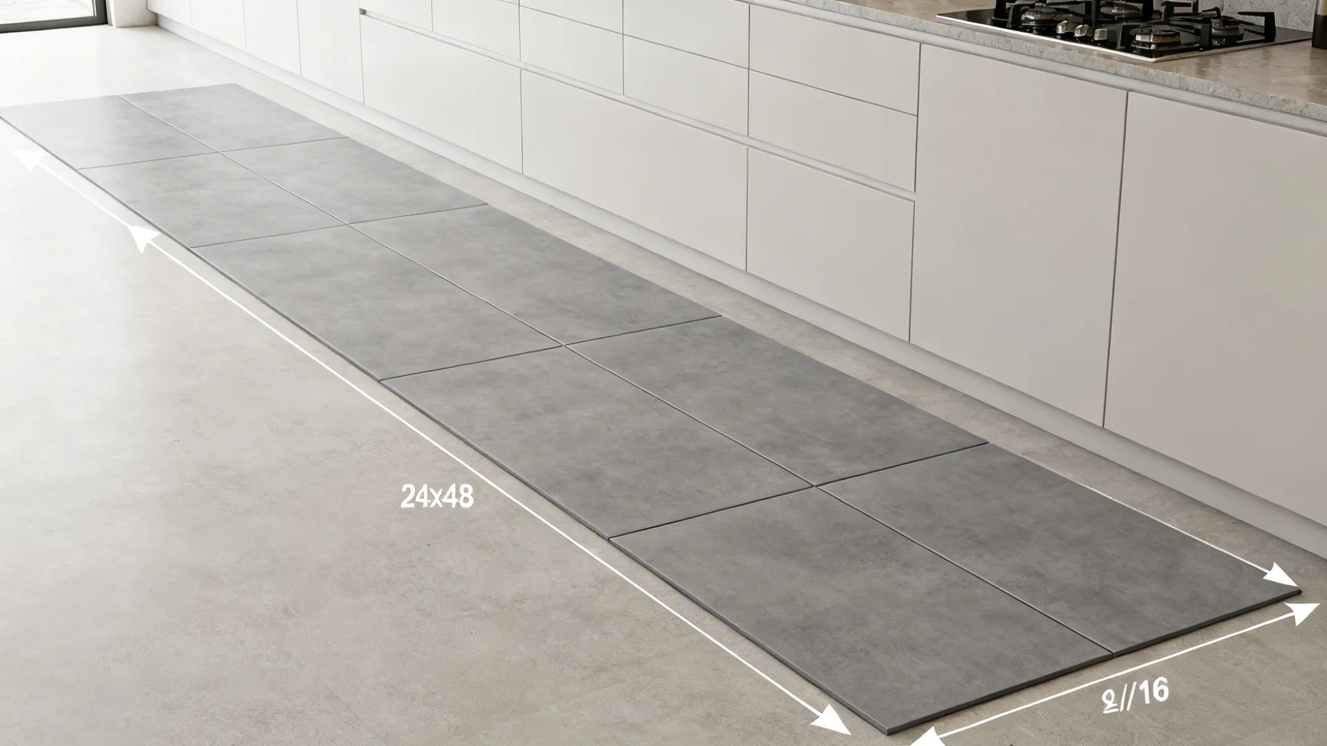 Top-down layout showing 24x48 grey tiles with minimal grout aligned to the long wall.