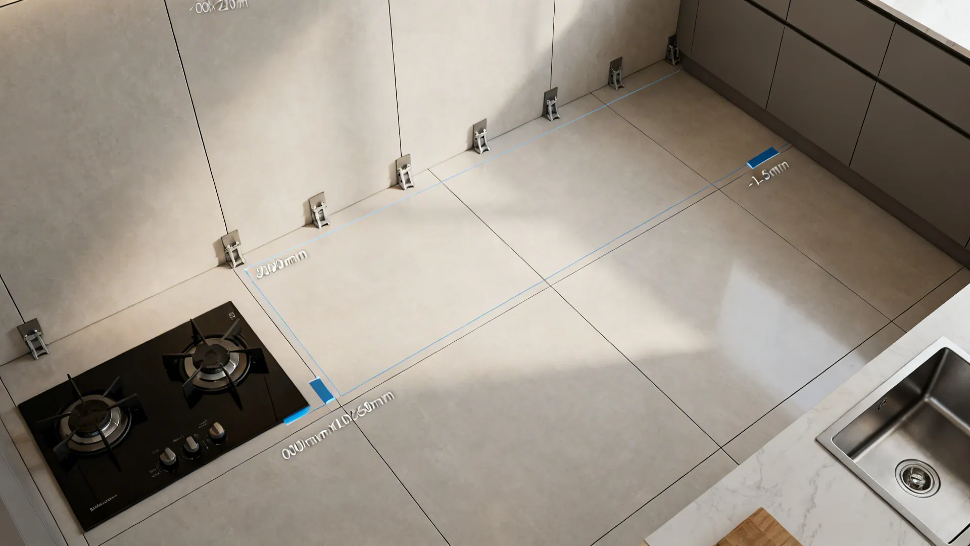 Top-down view showing large-format tiles with slim grout and leveling clips