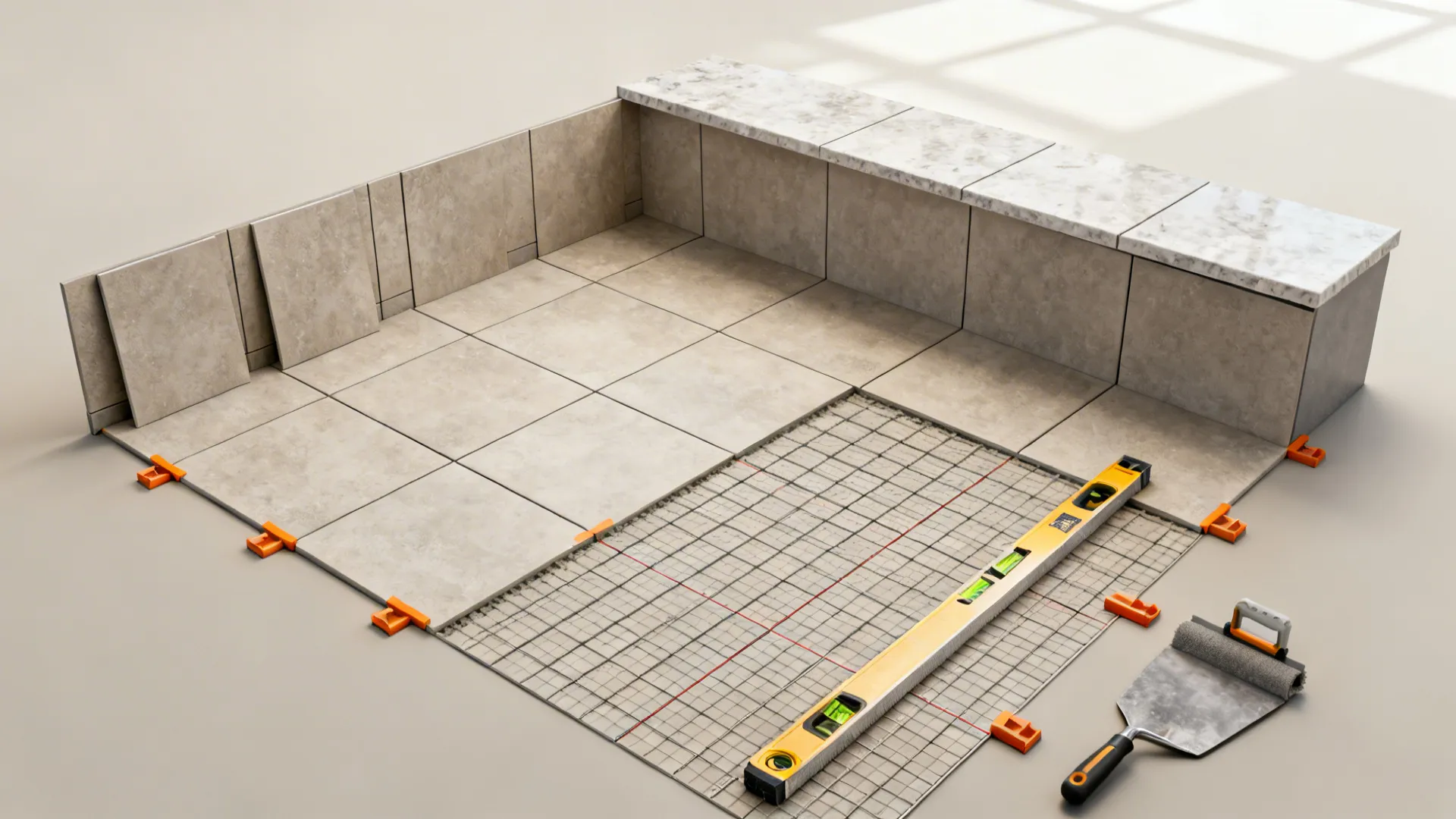 Top-down layout of large-format tiles with spacers and straightedge for lippage checks