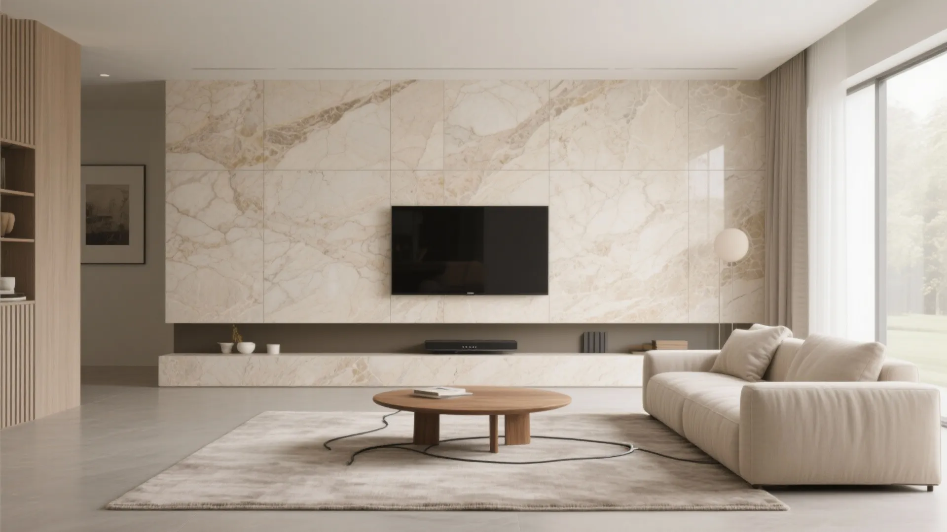 3) Large-format stone-look porcelain for a gallery feel