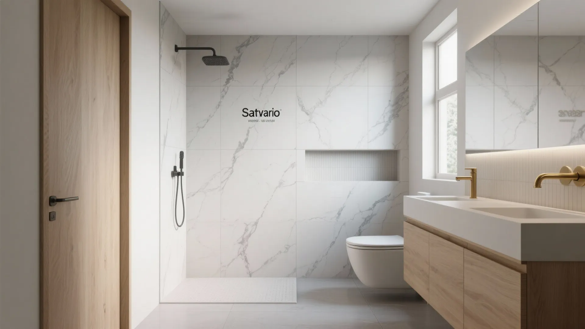 Minimalist bathroom with white marble walls walk in shower wooden door and long double sink cabinet