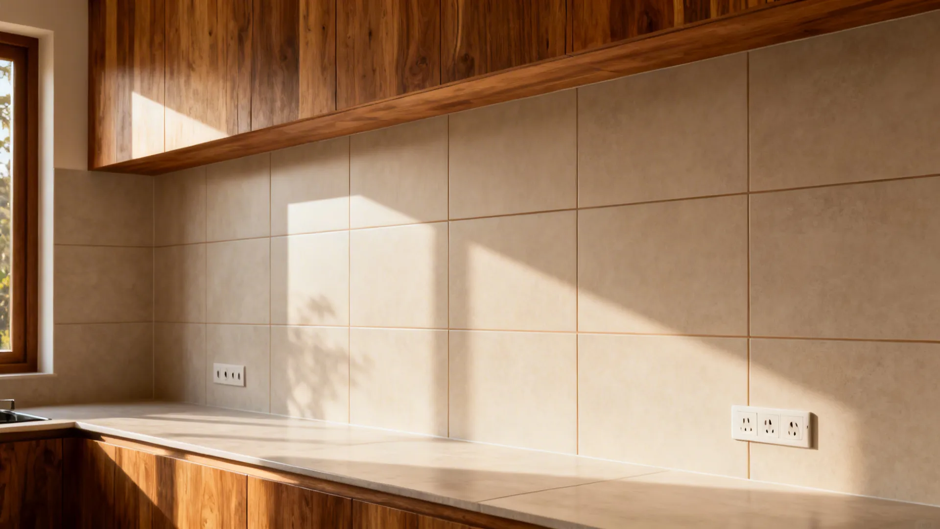 Large-format 600x1200 mm porcelain tiles with tight joints and matched epoxy grout.