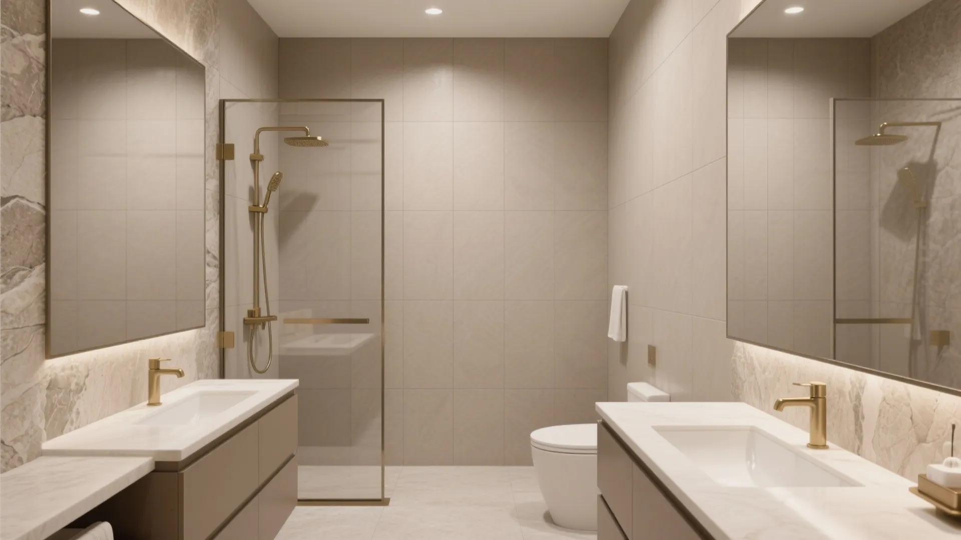 Bathroom with warm greige large-format matte porcelain walls and minimal grout lines.