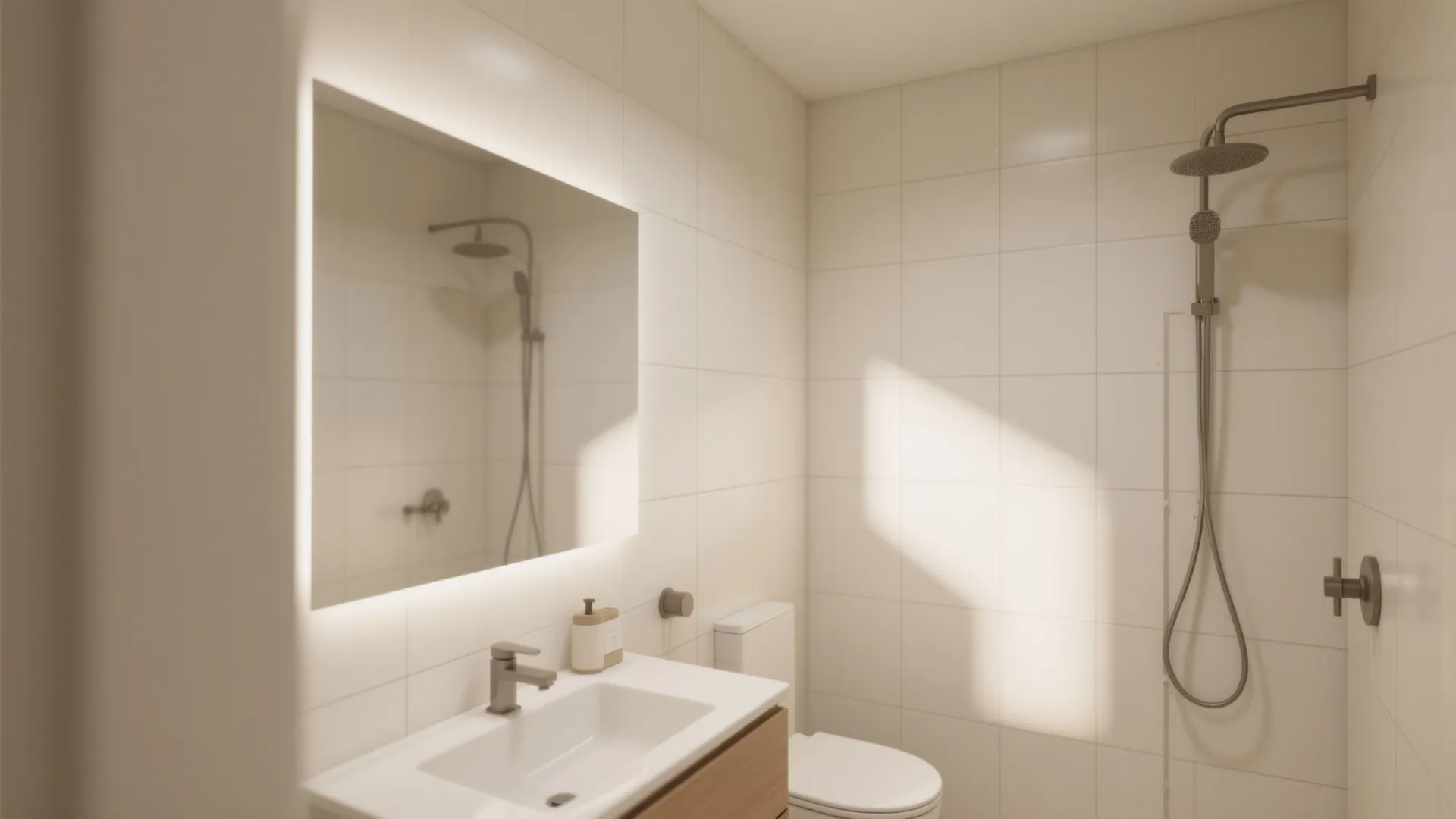 Small bathroom with large-format off-white porcelain wall tiles and soft warm grout creating airy continuous surfaces.