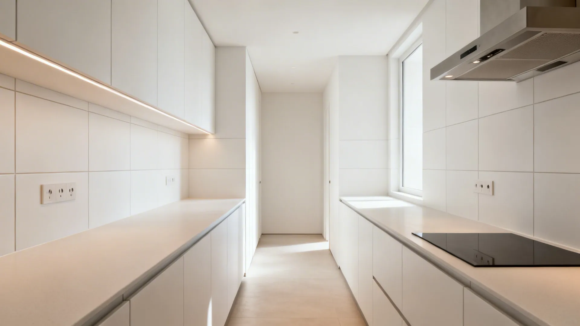 Slim galley kitchen with 24x24 white wall tiles and minimal color-matched grout.