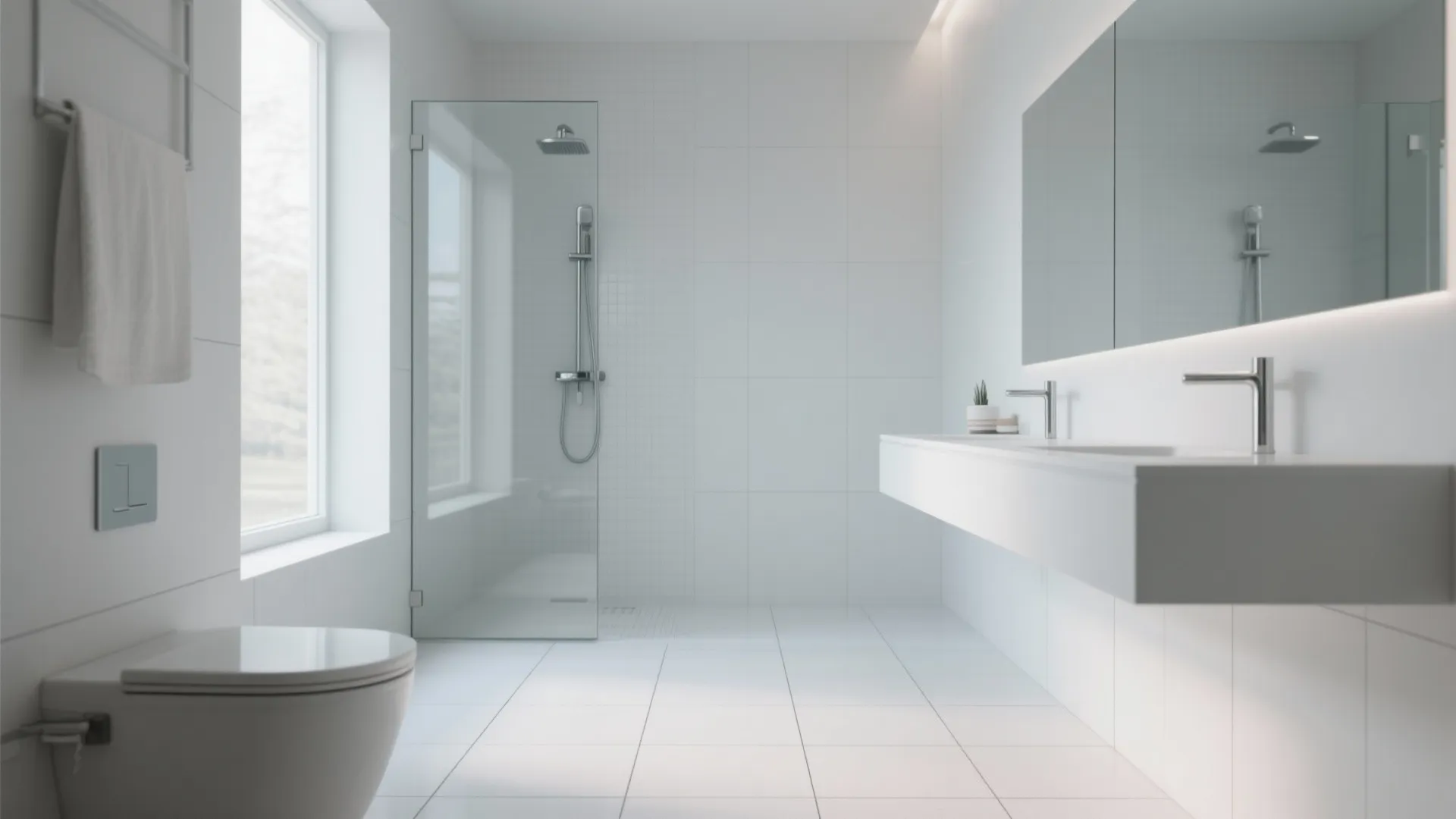 Large-Format White Tiles to Stretch the Room