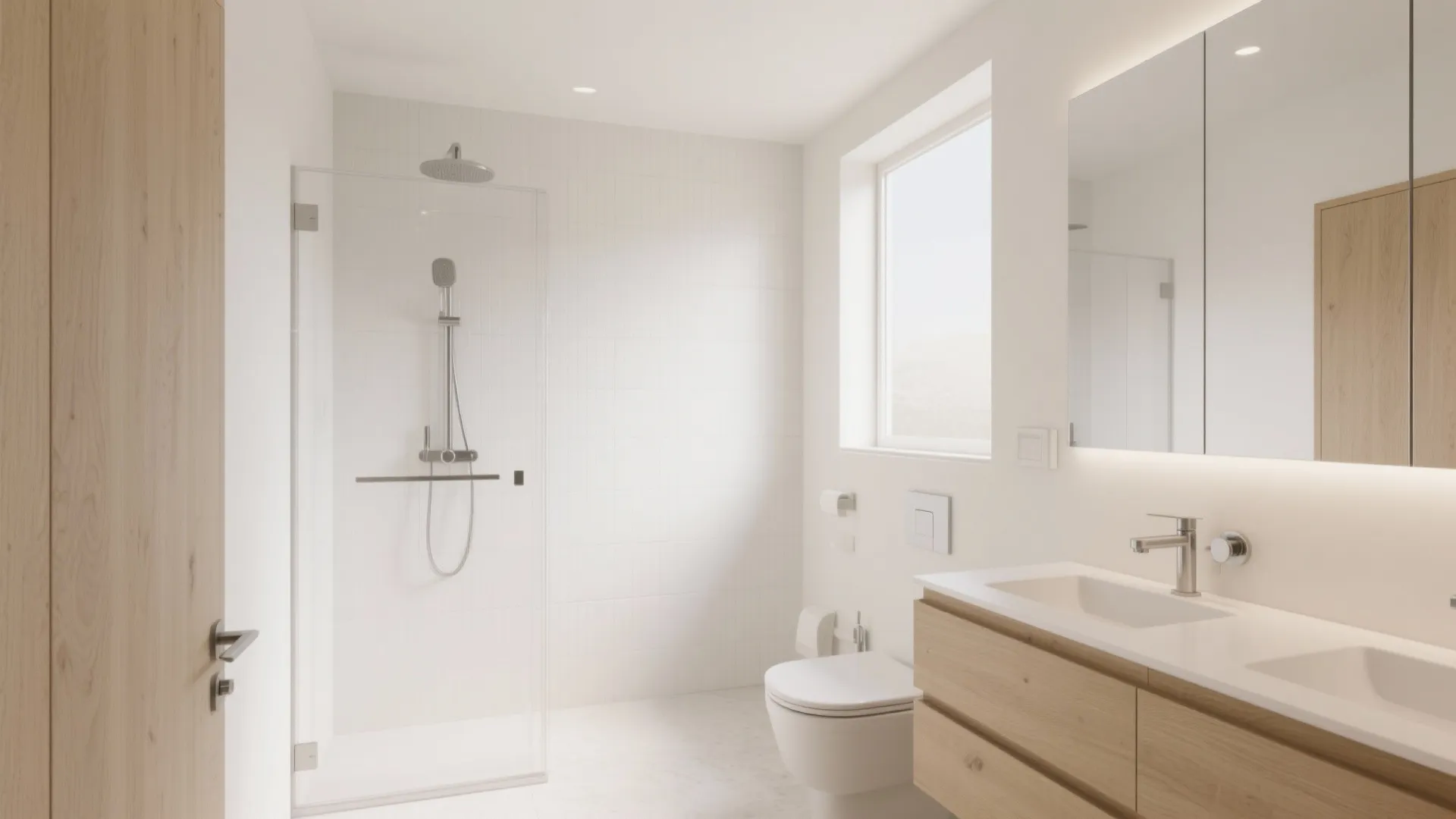 Bright minimal bathroom interior featuring white toilet glass shower stall wooden cabinet and large wall mirror
