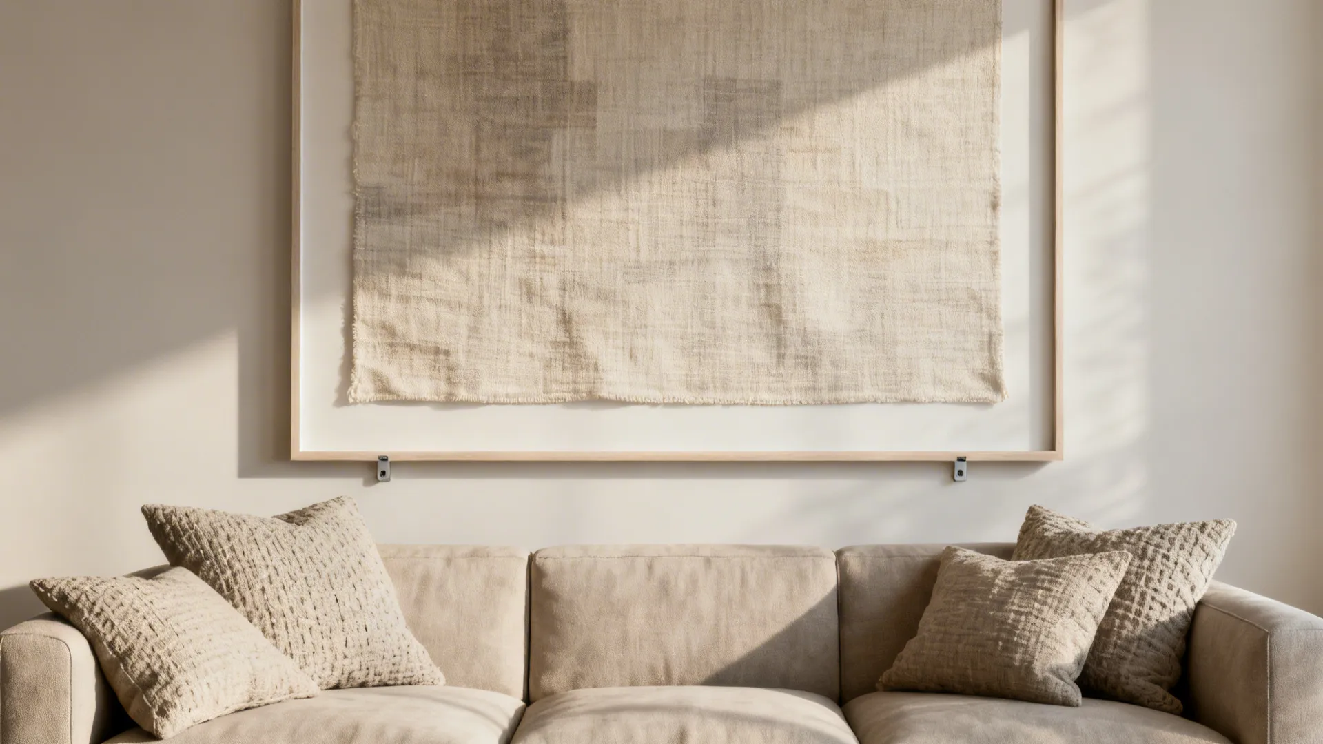 Oversized framed art above a sofa unifying the seating area without extra furniture.