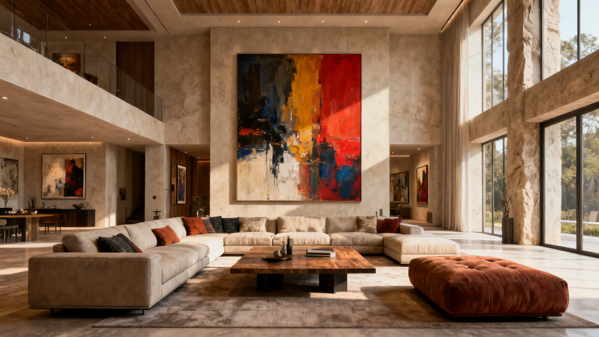 Modern living room with huge colorful wall painting beige sofa wood table and orange footrest