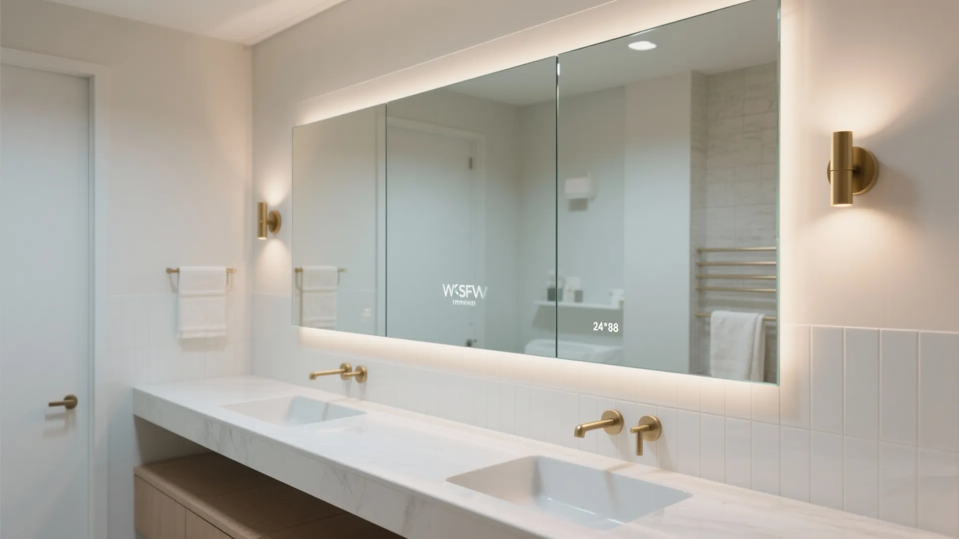 Vanity wall with a large back-painted glass panel and minimal seams in warm light.
