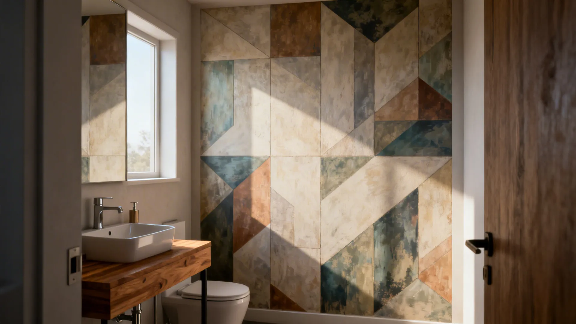 Tiny half-bath with a single-panel large-scale geometric mural, emphasizing seam alignment and visual focus.
