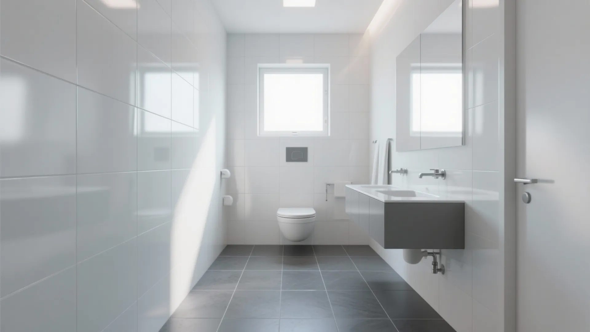 Clean white bathroom with dark grey floor tiles white wall tiles toilet and floating vanity