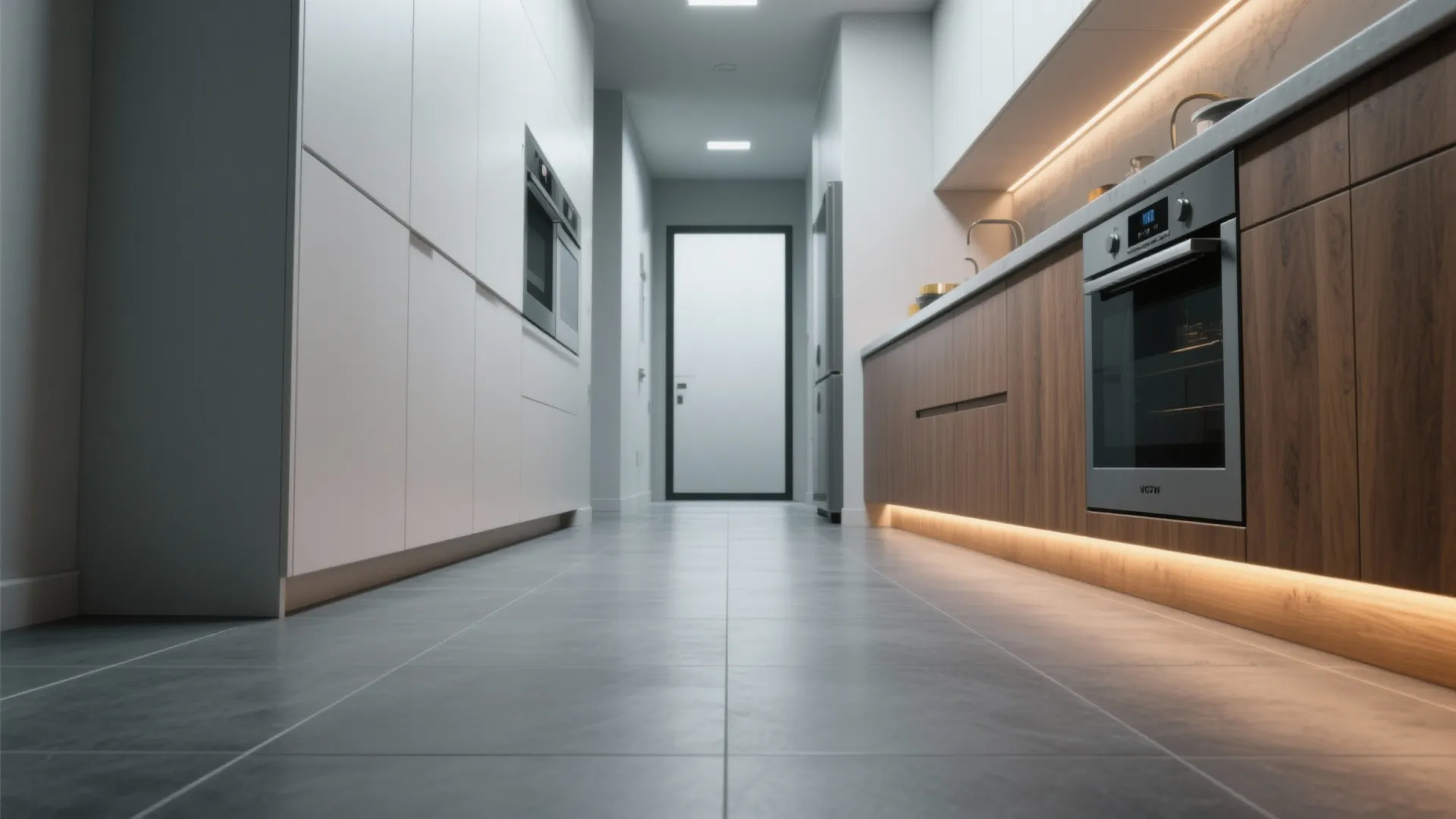 2. Large-format Gray Floor Tiles to Visually Expand