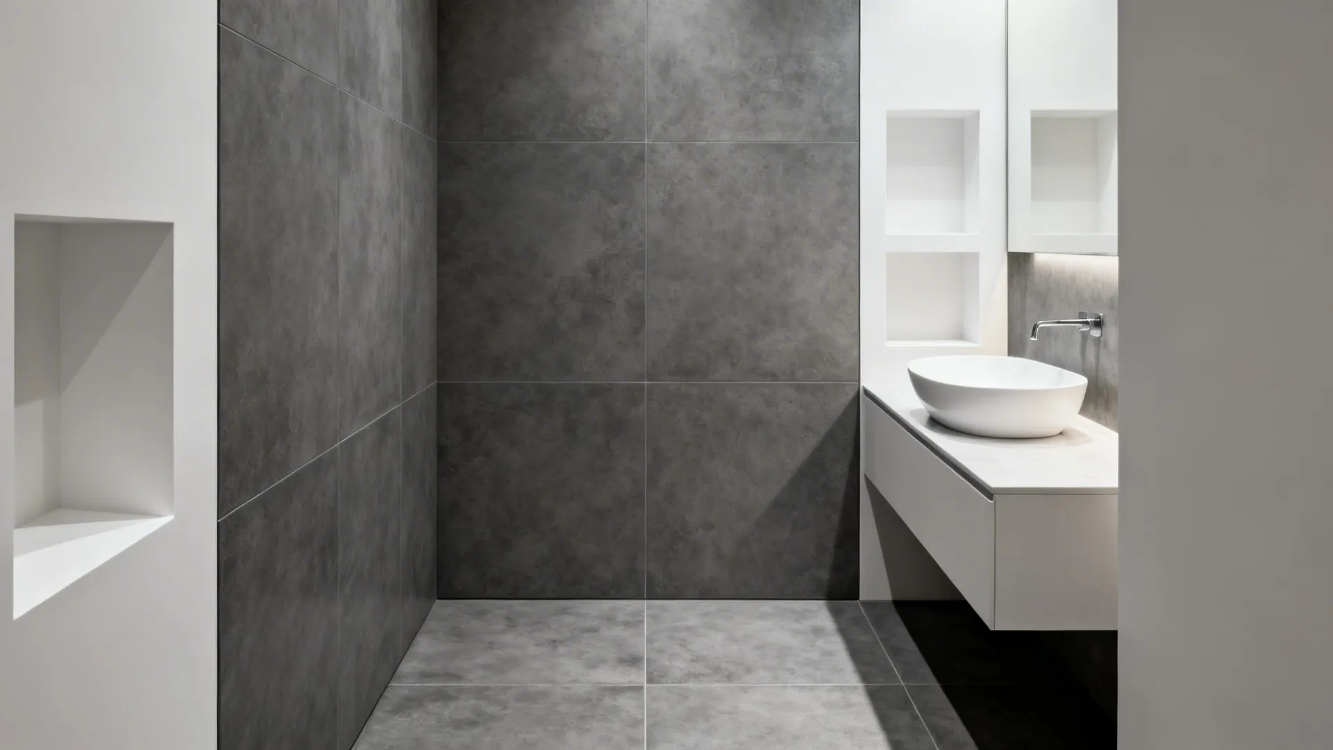 2. Large-format gray porcelain with white accents