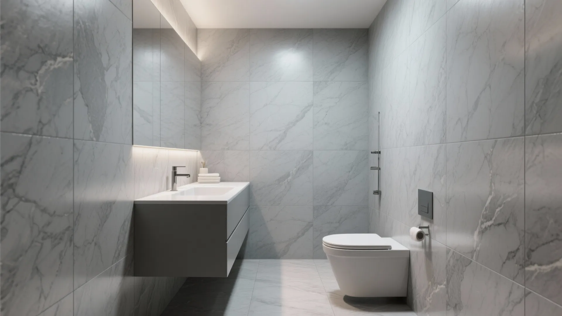 Modern bathroom with gray marble wall tiles white sink cabinet and a wall hung toilet