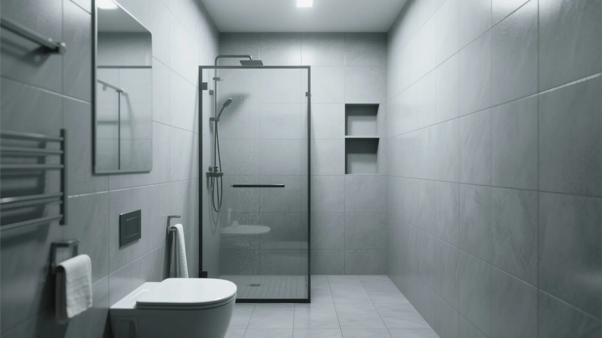 Minimalist grey bathroom with glass shower door wall hung toilet mirror and built in wall shelves