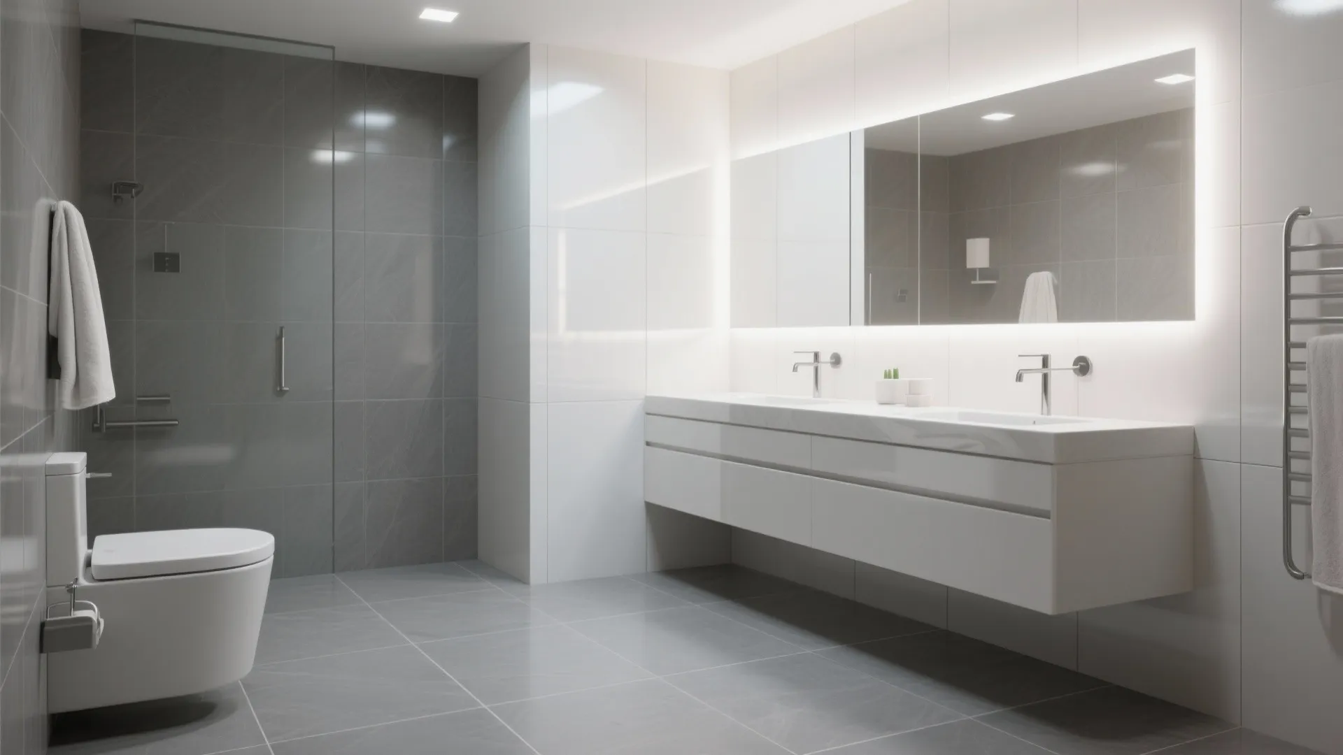 Modern grey bathroom with white floating double vanity large lit mirror and wall mounted toilet