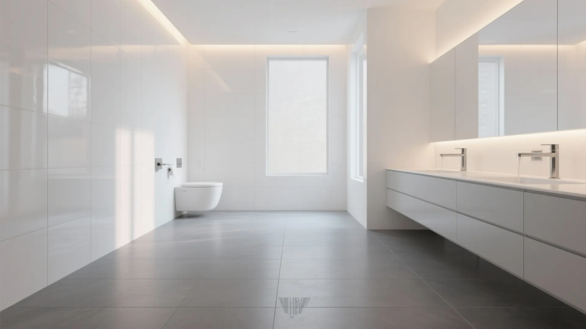 Large-Format Grey Floor + White Gloss Walls: Scale and Calm