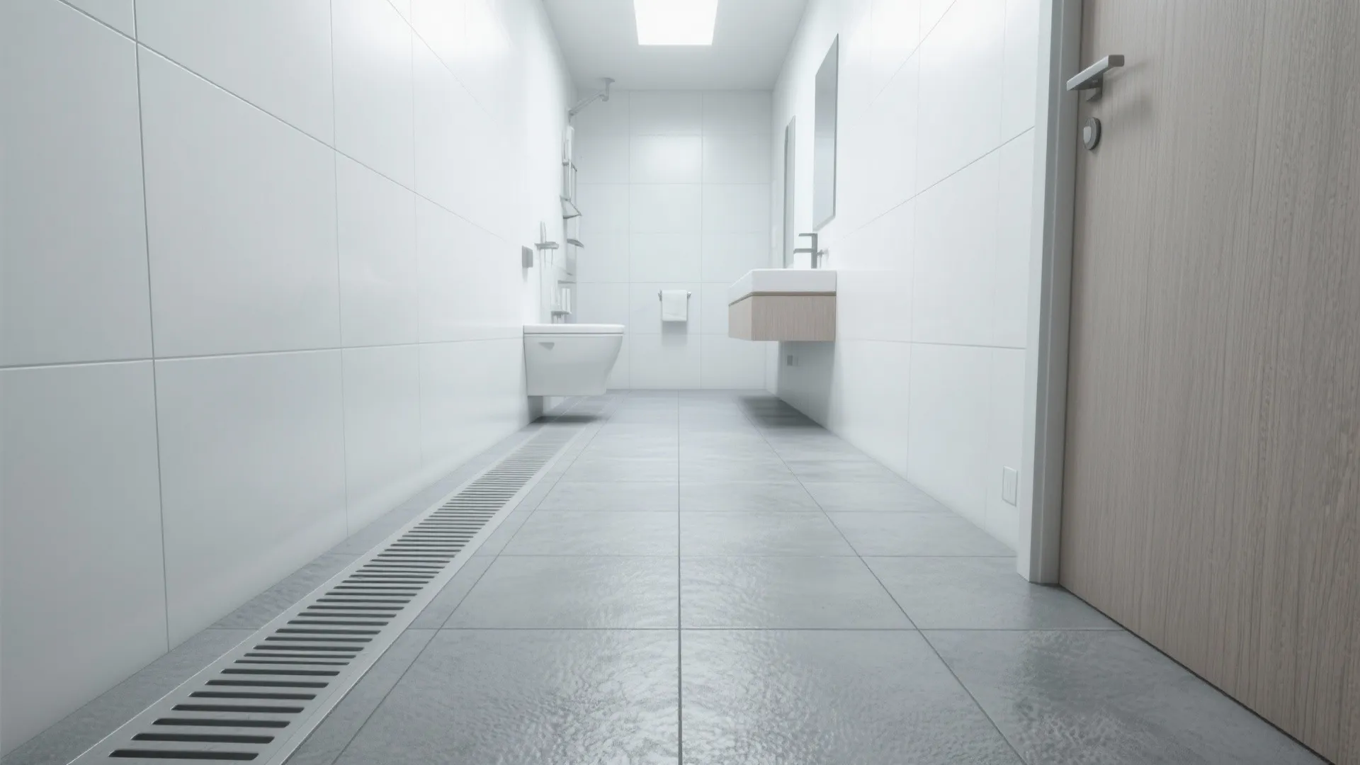 2. Large-format grey porcelain floor tiles with white walls