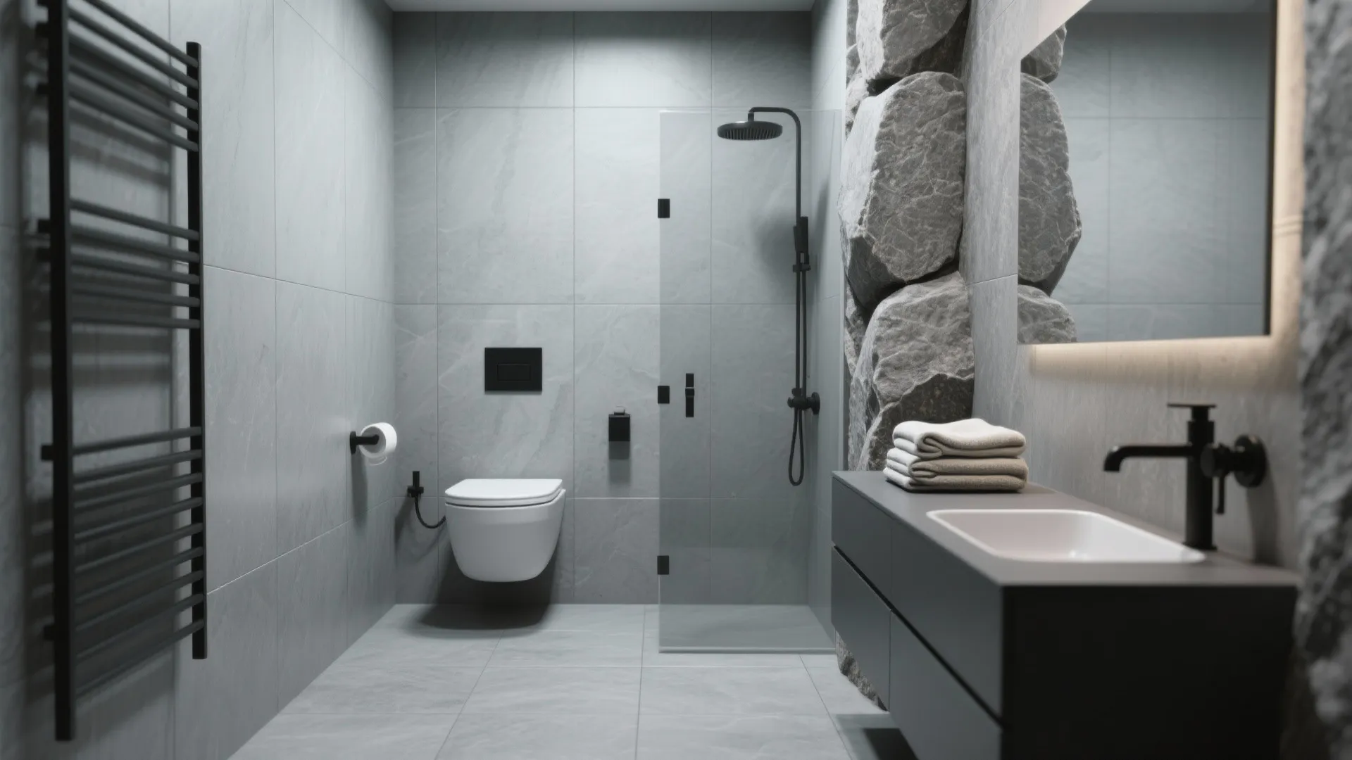 3. Large-format Grey Tiles for a Spa Feel