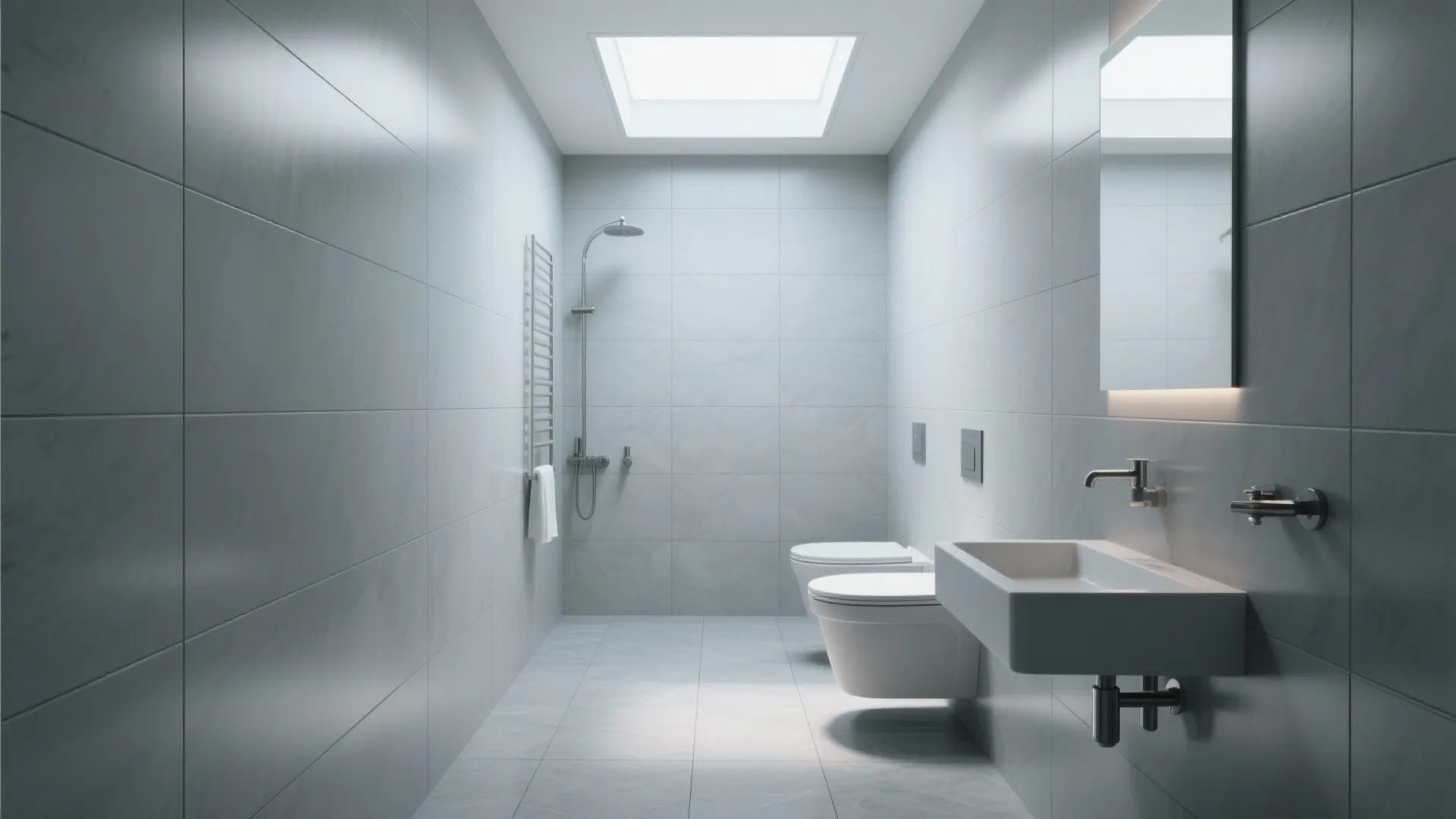 3. Large-format grey tiles to make a small bathroom feel bigger