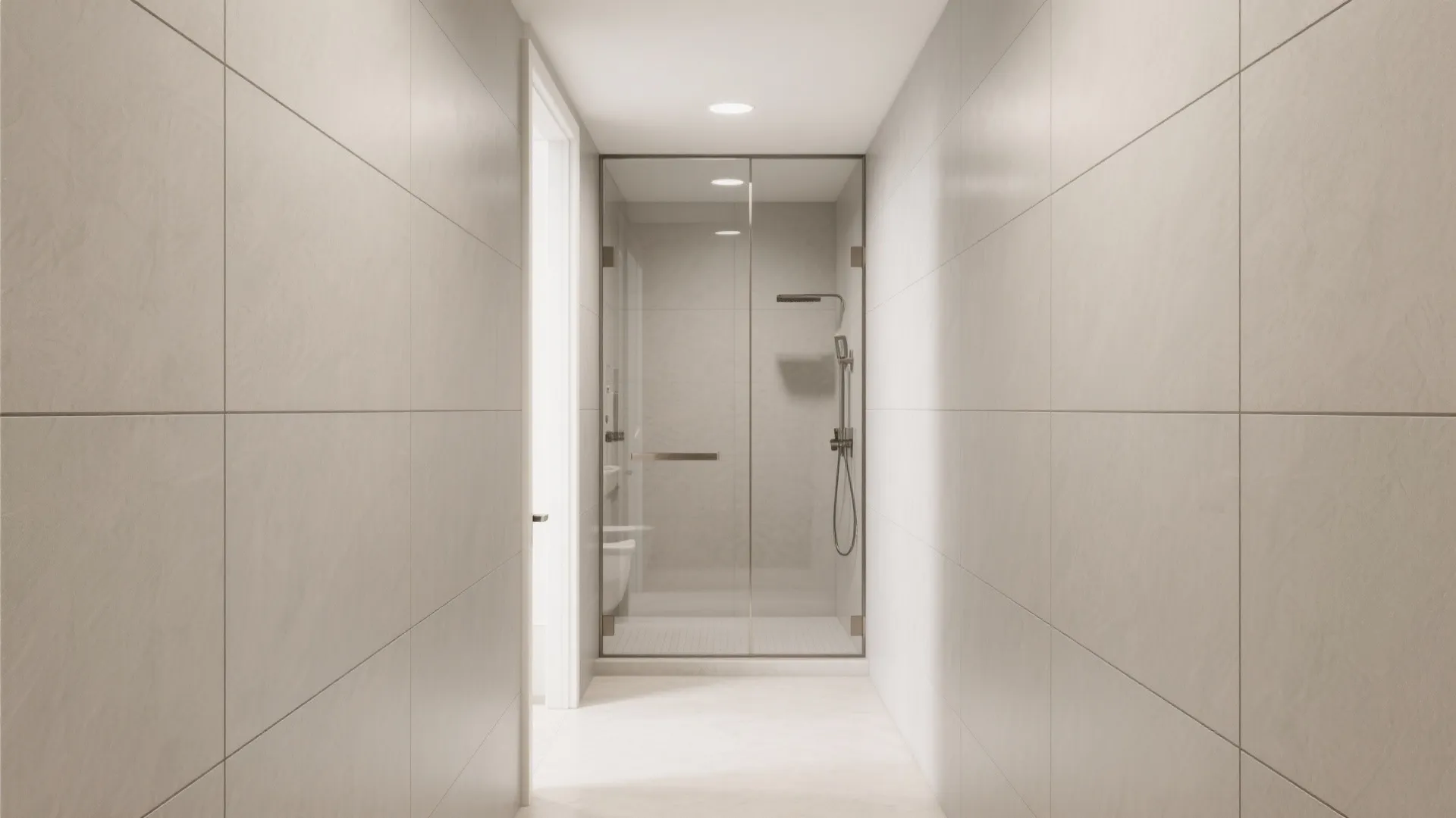 Minimalist narrow bathroom layout with beige wall tiles leading to a glass shower at end