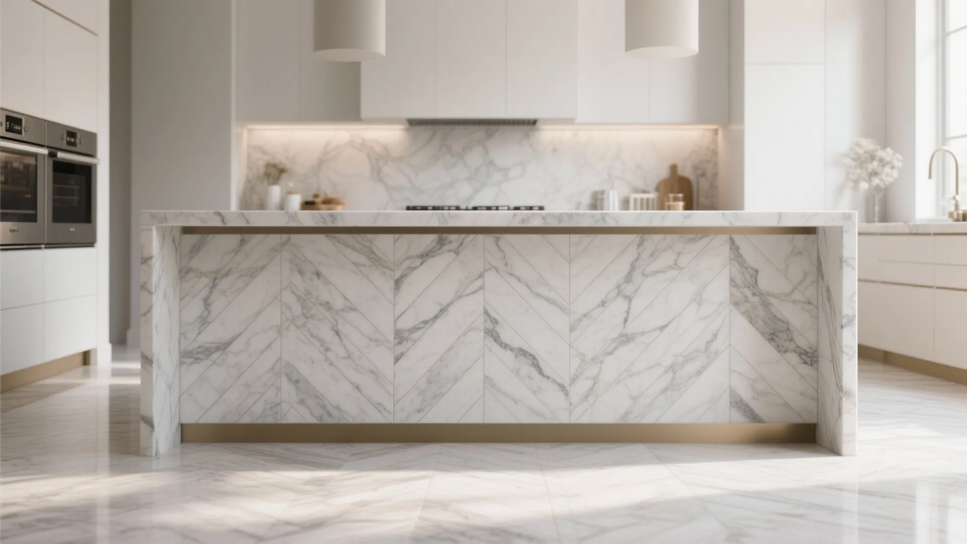 Modern white kitchen featuring a large marble island with herringbone pattern and gold metal trim