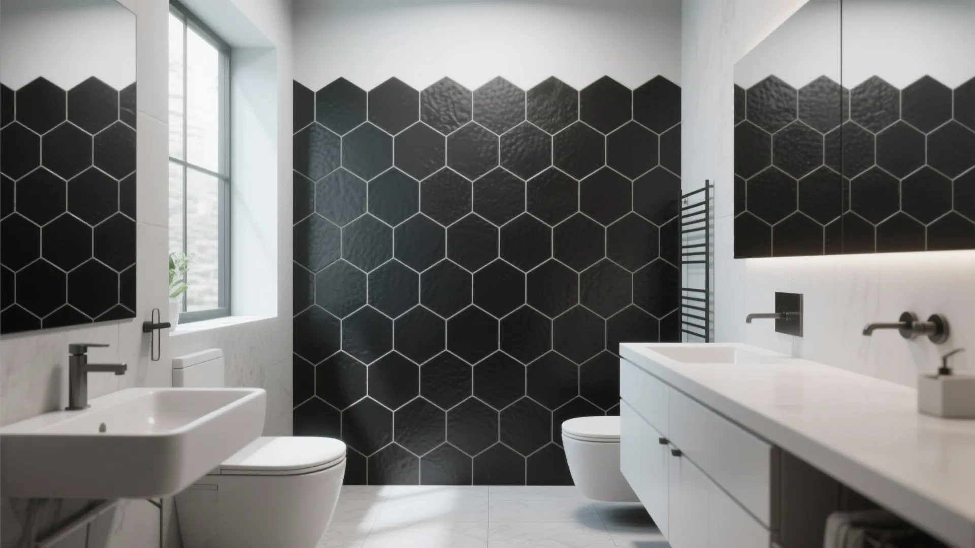 Modern bathroom interior design featuring a black hexagonal tile accent wall with white vanity cabinet