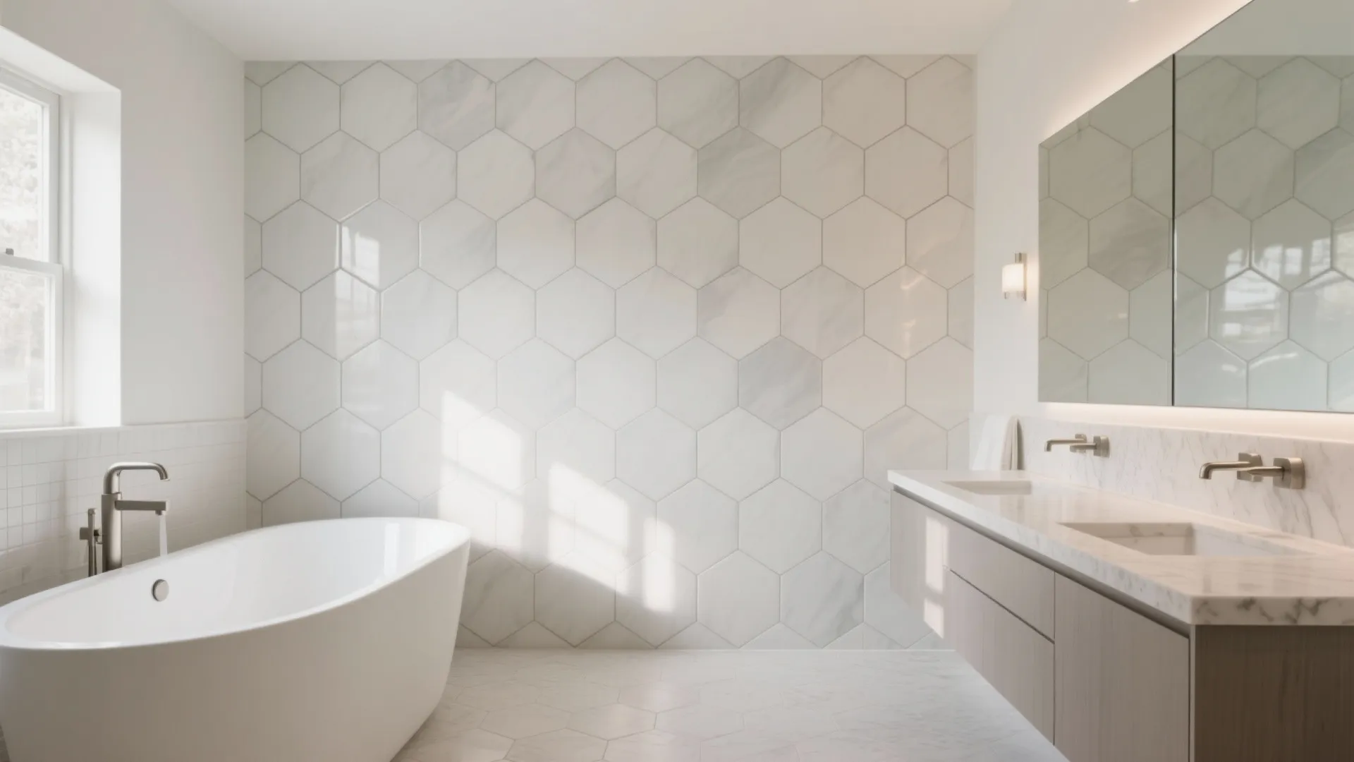 Modern white bathroom with hexagon wall tiles, bathtub, wooden cabinet, double sink, and large mirrors