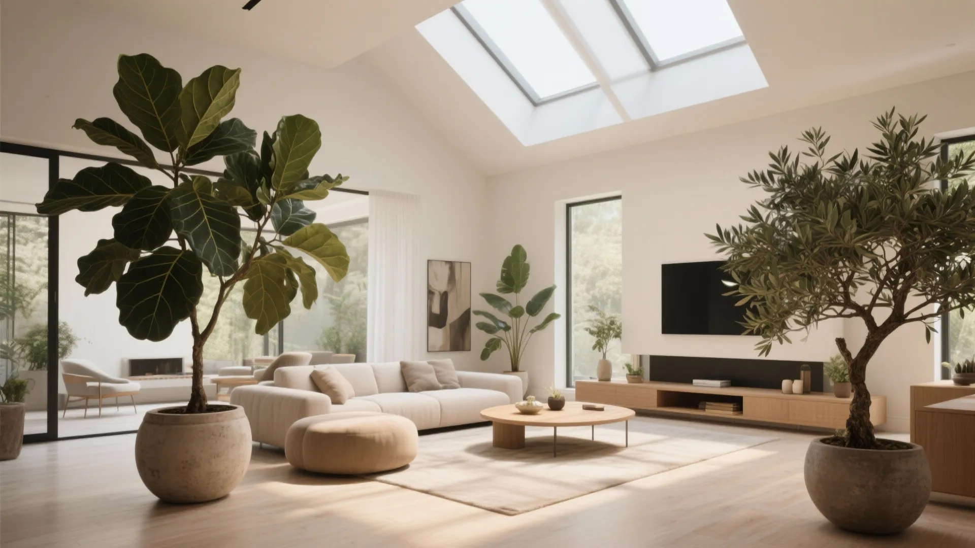 High ceiling living room with tall indoor plants