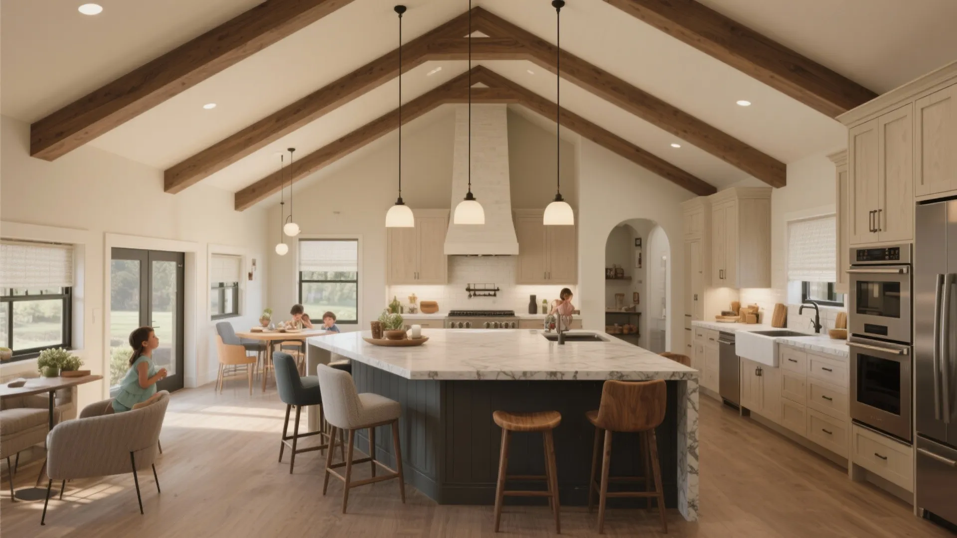 Spacious vaulted kitchen showing a large island with seating and storage that anchors the room.