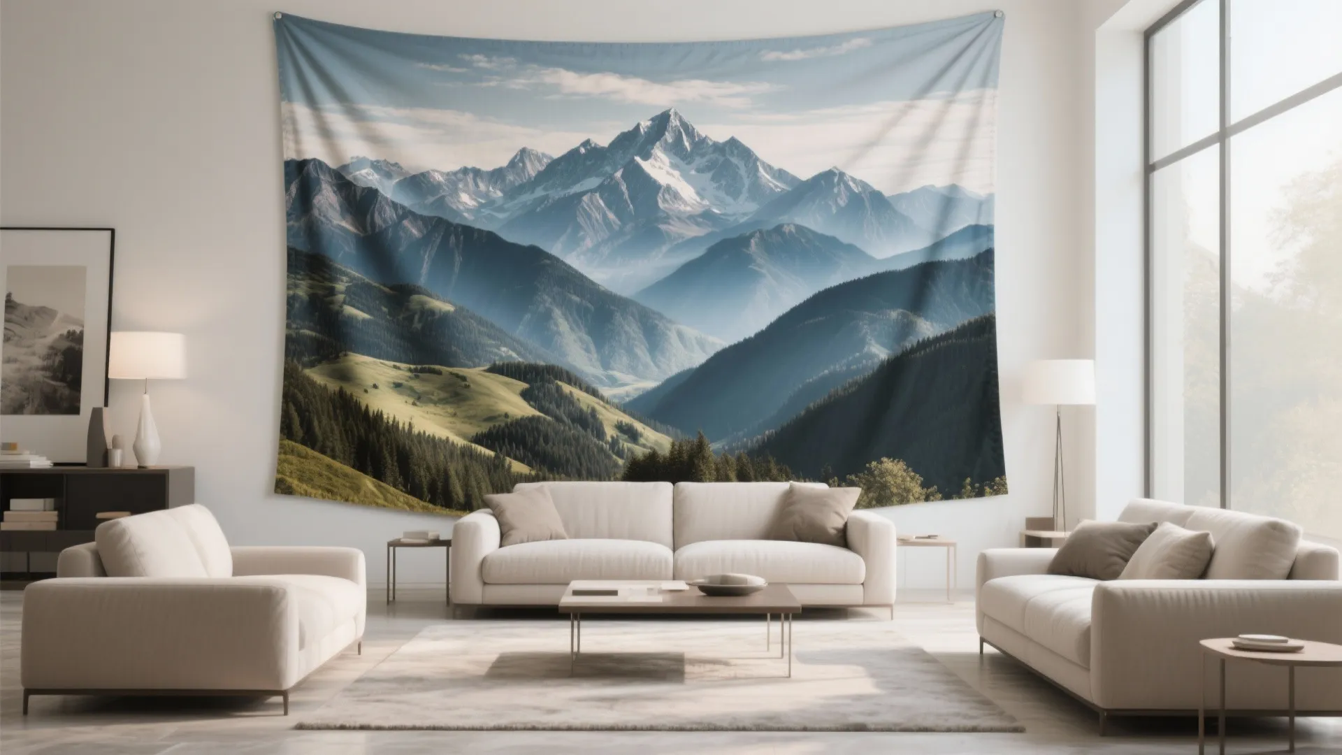 Living room with large landscape tapestry depicting mountains
