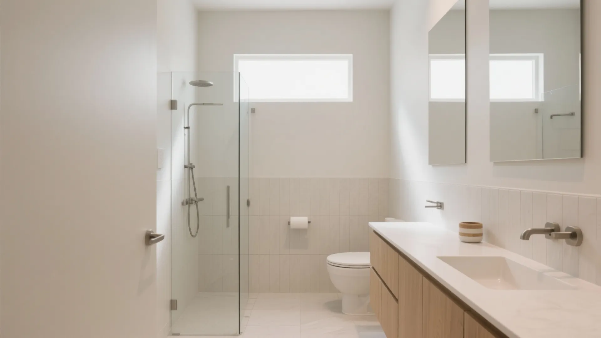 Modern bright bathroom with glass shower door, white toilet, light wood cabinet, and two large mirrors