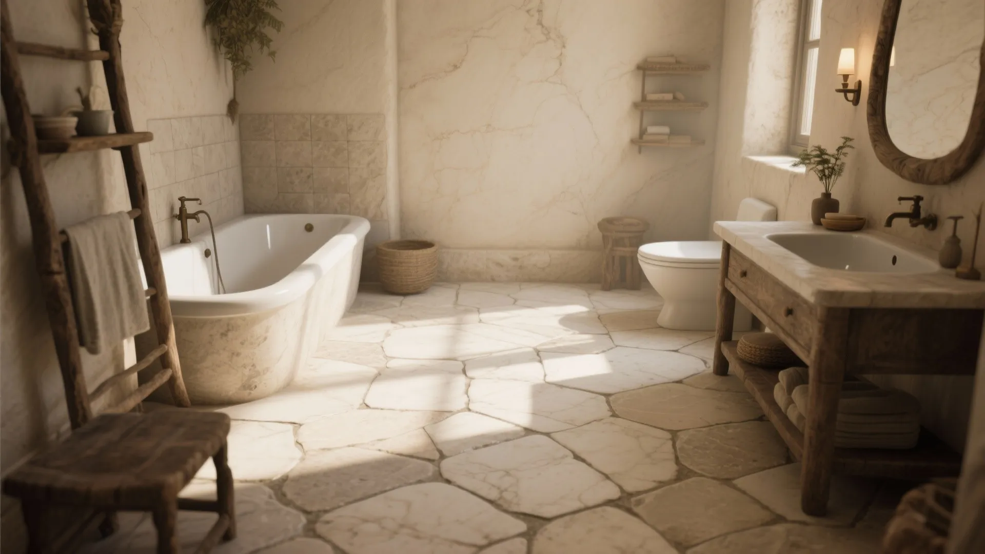Stone floor bathroom featuring a white bathtub wooden vanity unit marble walls and warm natural lighting