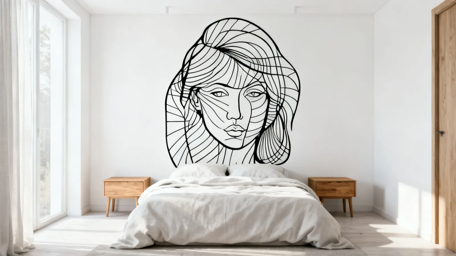 minimal bedroom with oversized line art wall mural